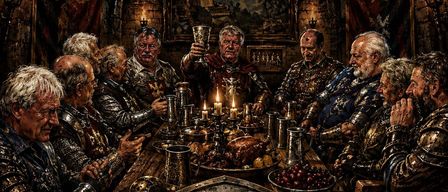 Eine Gruppe von Männern in mittelalterlicher Rüstung sitzt um einen Tisch mit Essen, Getränken und einer brennenden Kerze. Vor ihnen steht ein großer Schild mit den Buchstaben MGV.