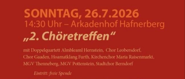 Ein Plakat für ein Chor-Event am 26. Juli 2026 mit verschiedenen Chören und einer Gruppe von Sängern auf der Bühne.
