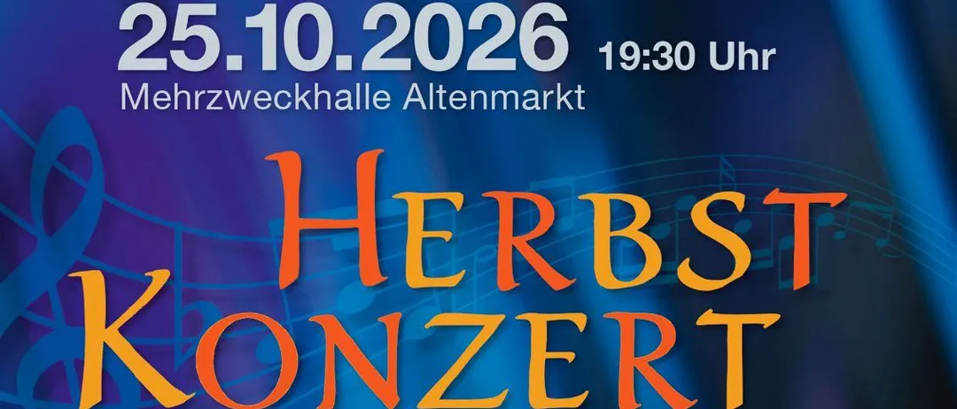 Ein Plakat für ein Herbst Konzert-Event am 25. Oktober 2026 um 19:30 Uhr, mit einem Teller Essen und einer Musiknote darauf, sowie Herbstblättern.