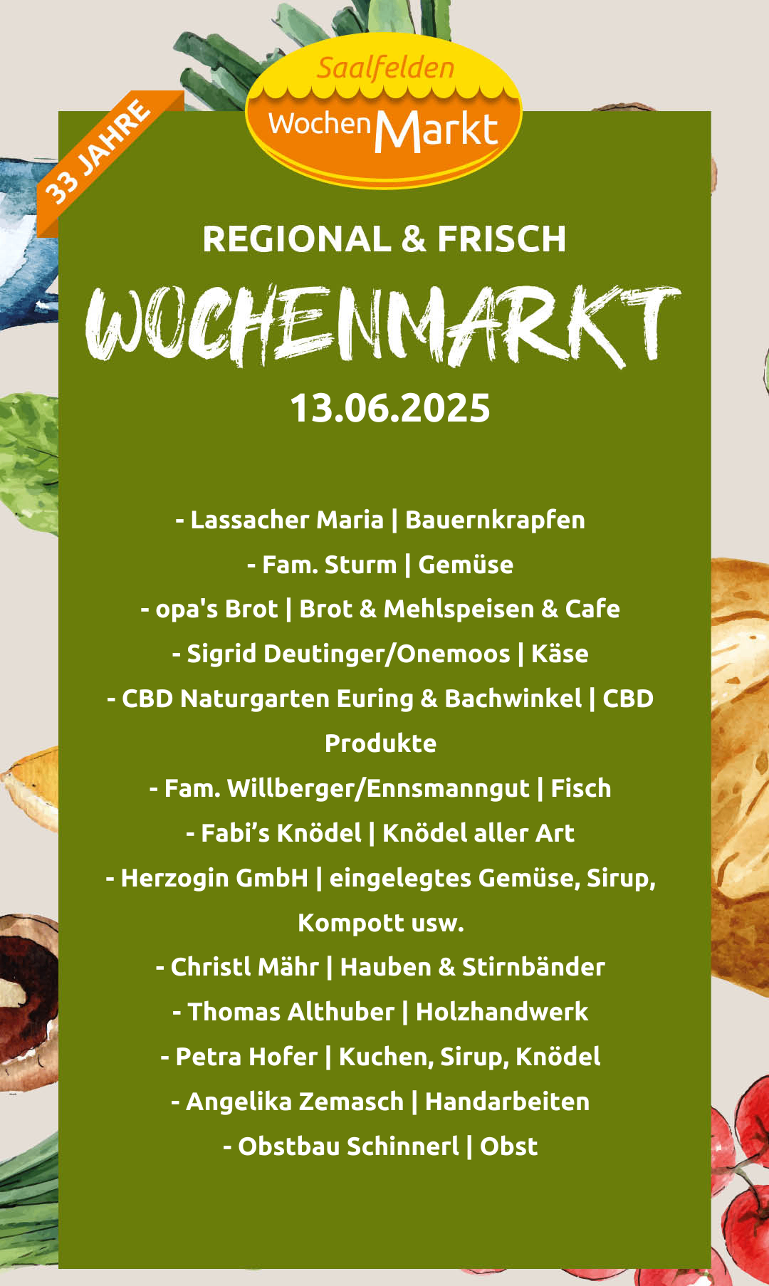 Wochenmarkt am 13.06.2025 mit Anbietern wie Lassacher Maria, Fam. Sturm und mehr. Produkte umfassen Gemüse, Brot, Käse und CBD-Artikel.