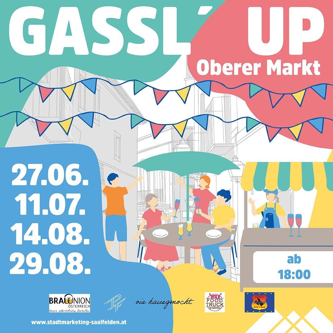 Plakat zur Werbung für die Gassl Up-Veranstaltung am oberen Markt mit Datum und Uhrzeit. Illustration zeigt Menschen, die um einen Tisch sitzen, und einen Food-Truck.