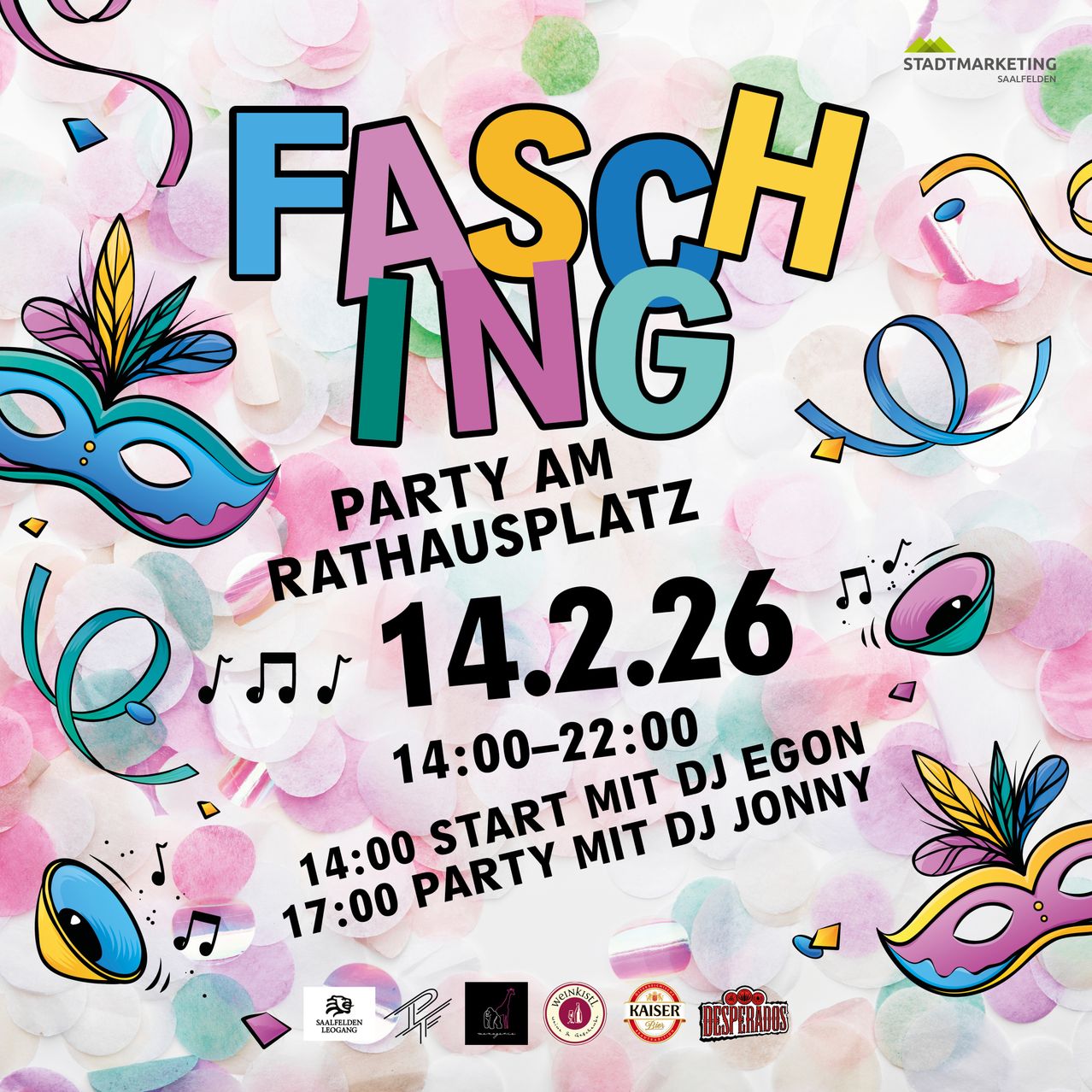 Veranstaltung am Rathausplatz mit DJ Egon ab 14 Uhr und DJ Jonny ab 17 Uhr am 14. Februar. Die Veranstaltung läuft von 14 Uhr bis 22 Uhr.
