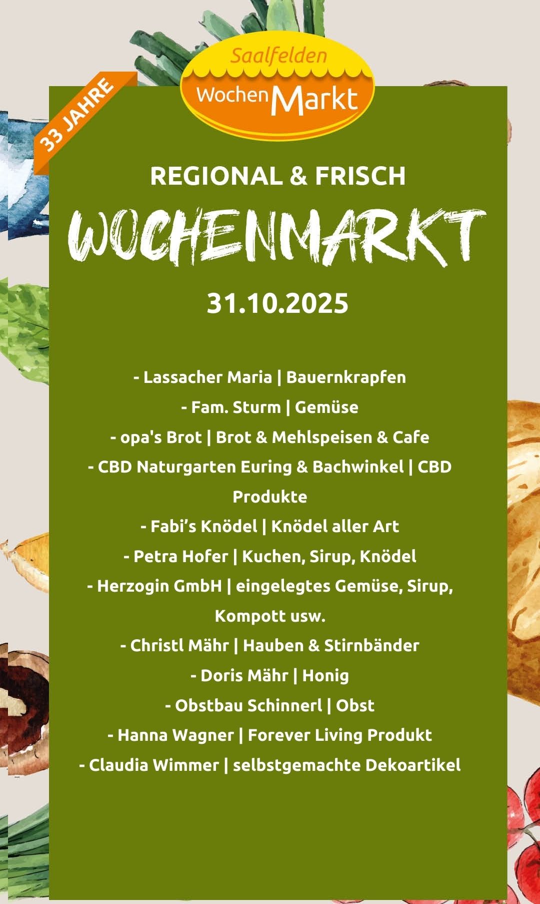 Grünes Plakat für einen Wochenmarkt mit Datum 31.10.2025. Es listet Verkäufer auf, die hausgemachte Produkte, Brot, Marmeladen, CBD-Produkte und mehr anbieten. Jeder Verkäufer wird mit seinem Namen und seinen Produkten aufgeführt.
