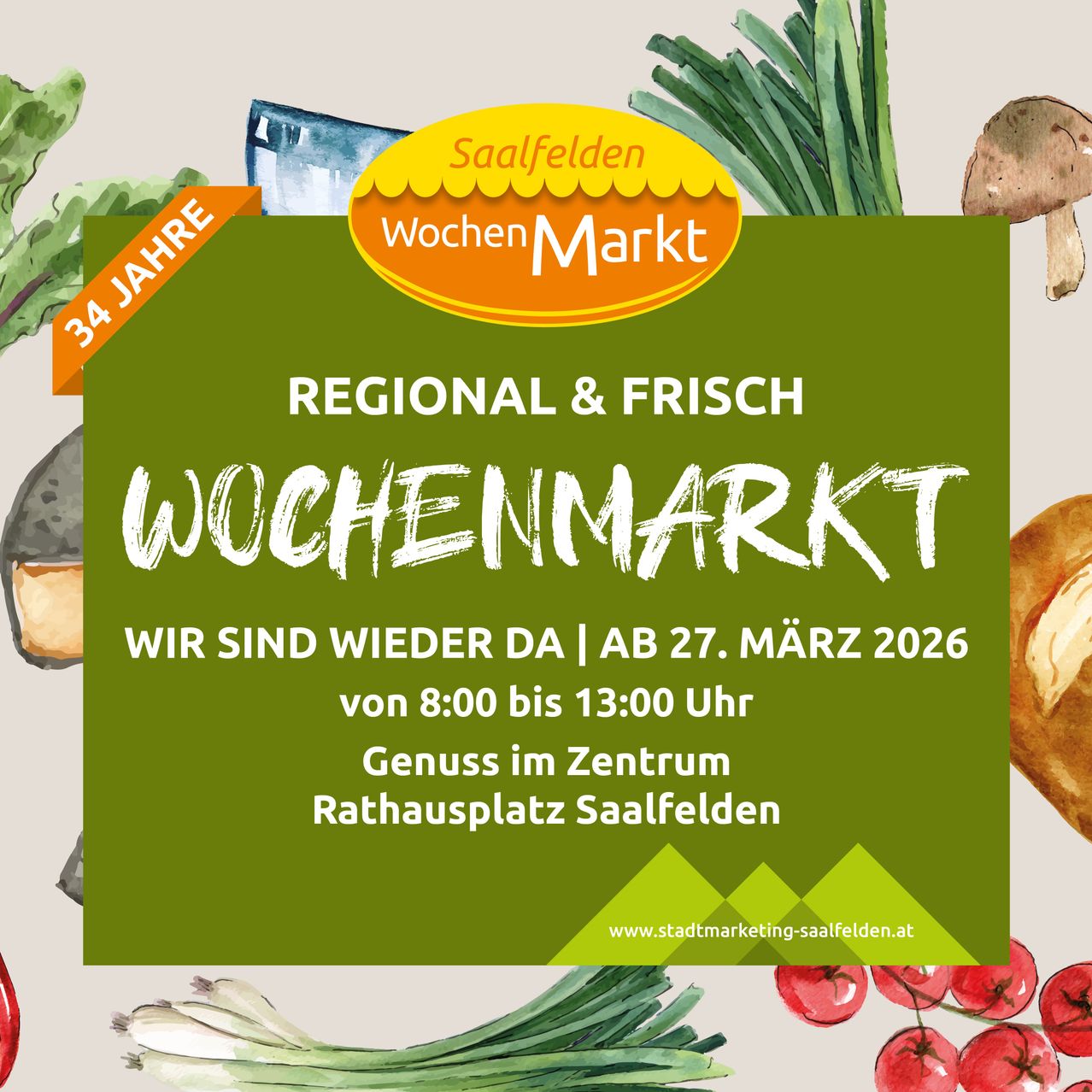 Wochenmarkt Saalfelden. Regionale und frische Produkte. Datum: 27. März 2026, von 8:00 bis 13:00 am Rathausplatz.