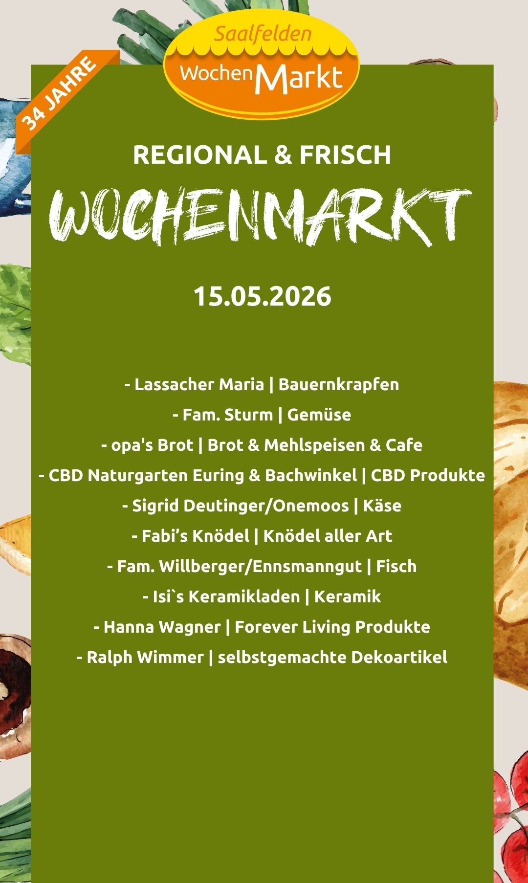 Wochenmarkt-Flyer mit Datum 15.05.2026. Anbieter sind Maria Lassacher mit Bauernkrapfen, Fam. Sturm mit Gemüse und mehr.