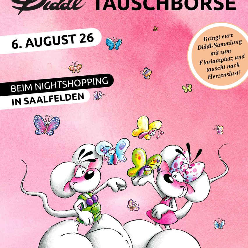 A poster features two cartoon mice holding hands, with butterflies around them. The poster is pink and includes text in German. It advertises an event on August 6th.