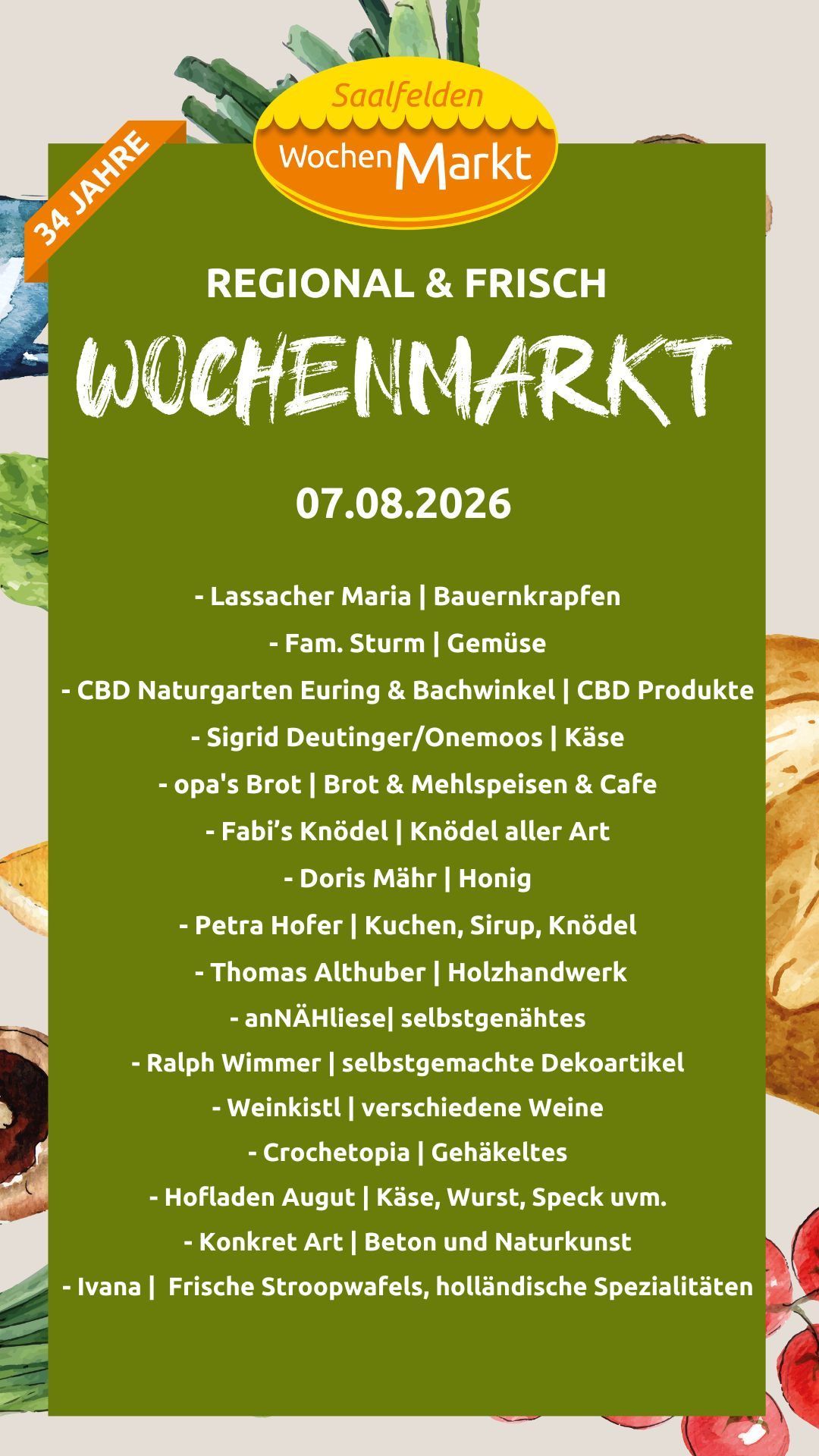 Weekly market flyer for August 7, 2026, featuring various vendors and products such as farm produce, bread, cheese, honey, and handmade items.