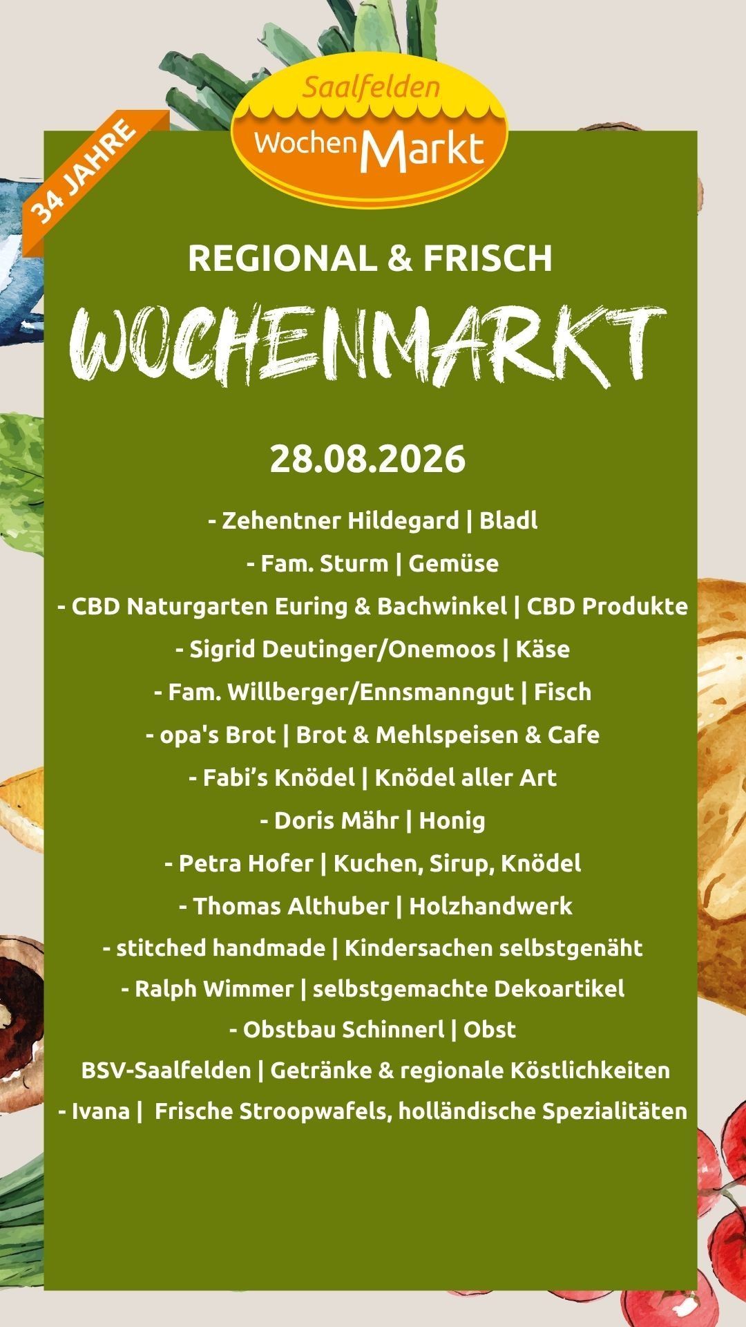Eine Werbung für einen Wochenmarkt am 28.08.2026 mit verschiedenen Verkäufern, die Artikel wie Gemüse, Brot, Fisch, Käse, Honig und handgefertigte Waren anbieten.