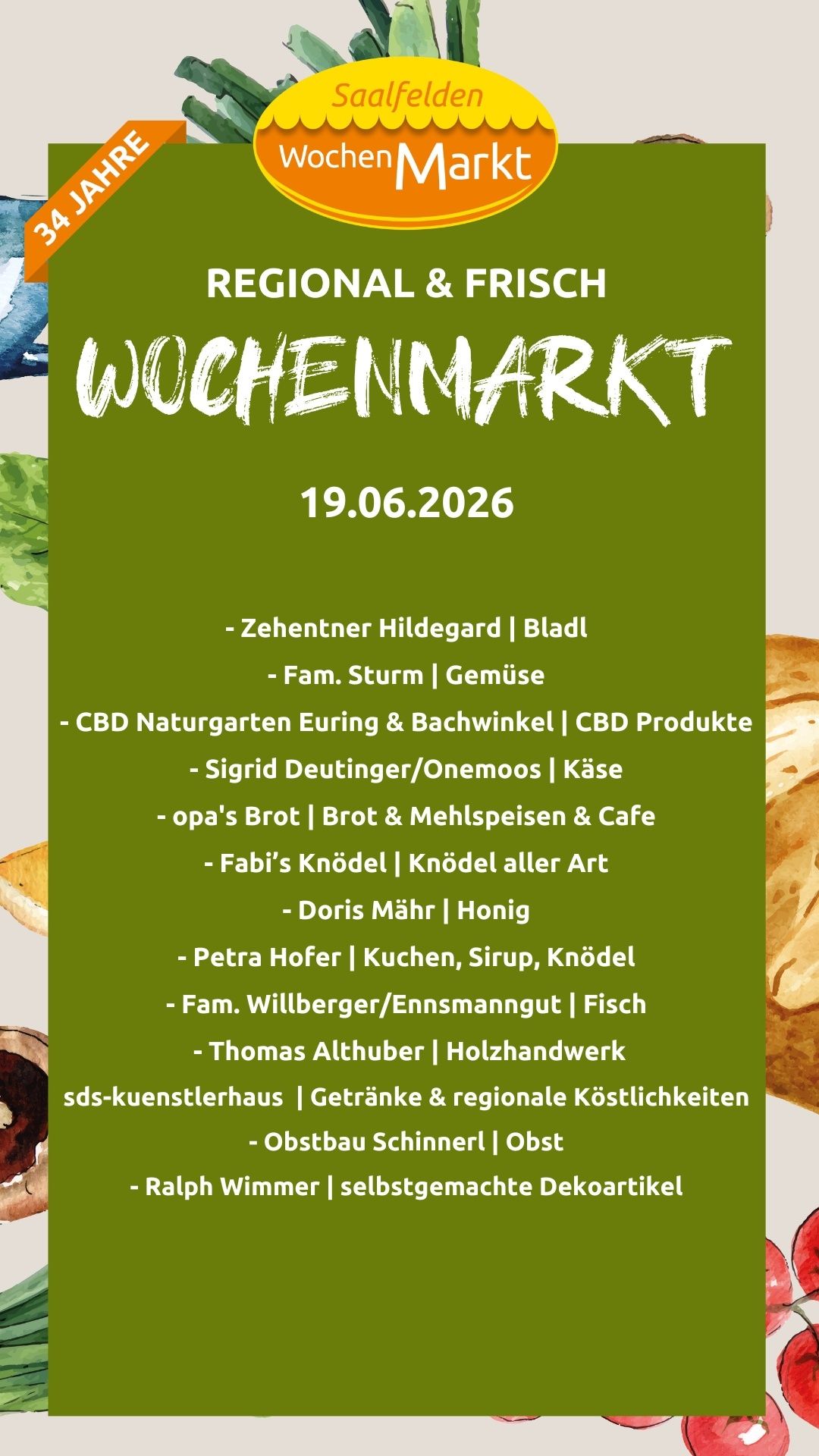 Plakat für den Wochenmarkt am 19.06.2026. Es zeigt verschiedene Verkäufer, die Artikel wie Gemüse, Brot, Käse, Brot- und Mehlprodukte, Kuchen, Honig und mehr anbieten.