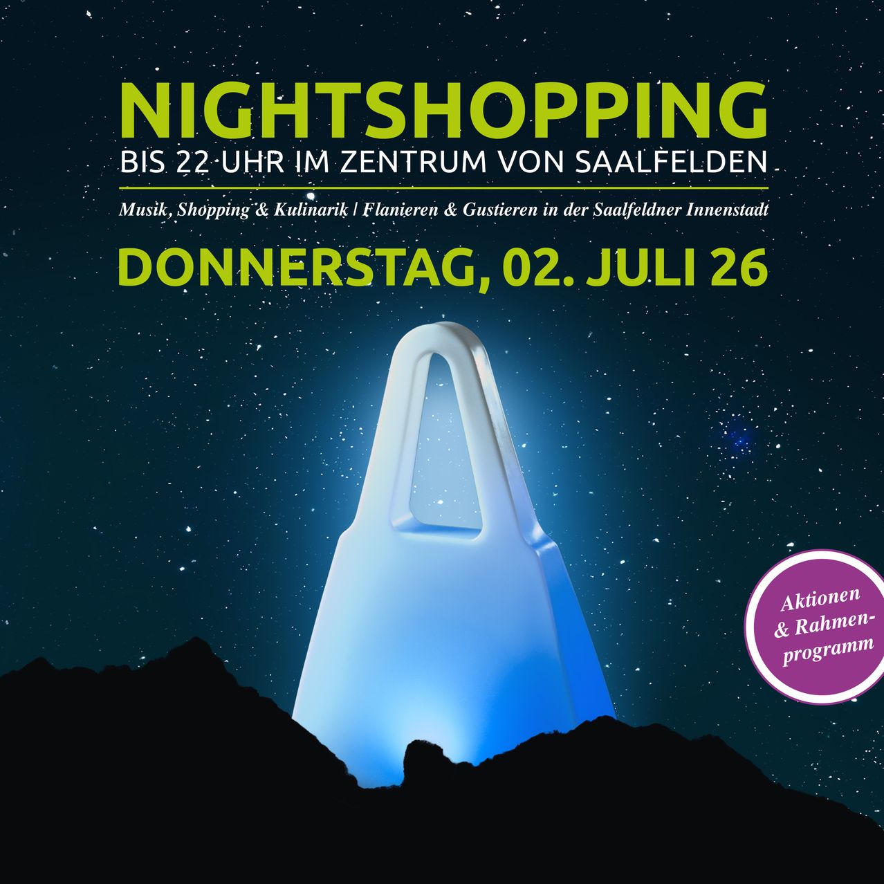 Nachtshopping-Veranstaltung in Saalfelden bis 22 Uhr. Genießen Sie Musik, Shopping, Kultur, Flanieren und Führungen in der Innenstadt.