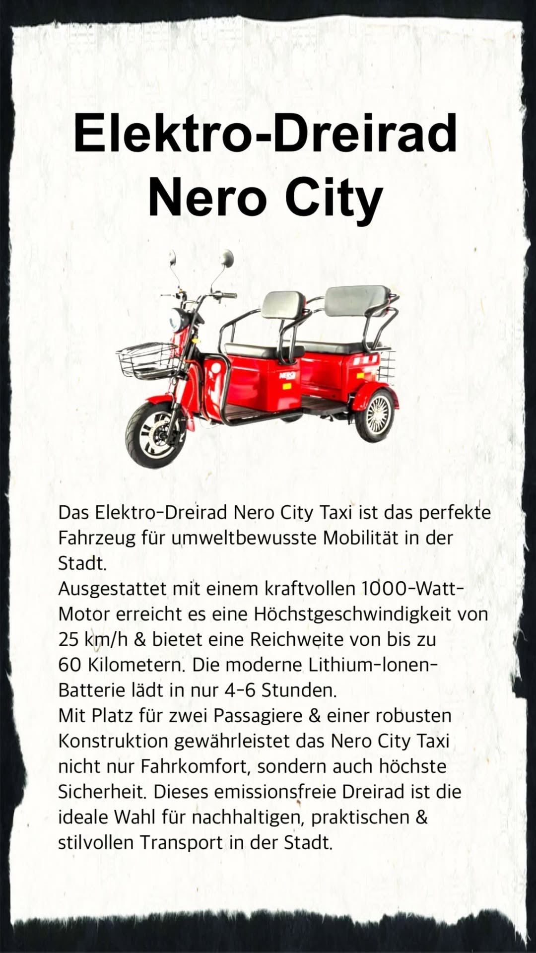 Das Elektro-Dreirad Nero City Taxi ist ideal für umweltbewusste Mobilität in der Stadt. Ausgestattet mit einem leistungsstarken 1000-Watt-Motor erreicht es eine Höchstgeschwindigkeit von 25 km/h und hat eine Reichweite von bis zu 60 Kilometern. Die moderne Lithium-Ionen-Batterie lädt in 4-6 Stunden. Mit Platz für zwei Passagiere und einer robusten Konstruktion bietet das Nero City Taxi zuverlässigen städtischen Transport.