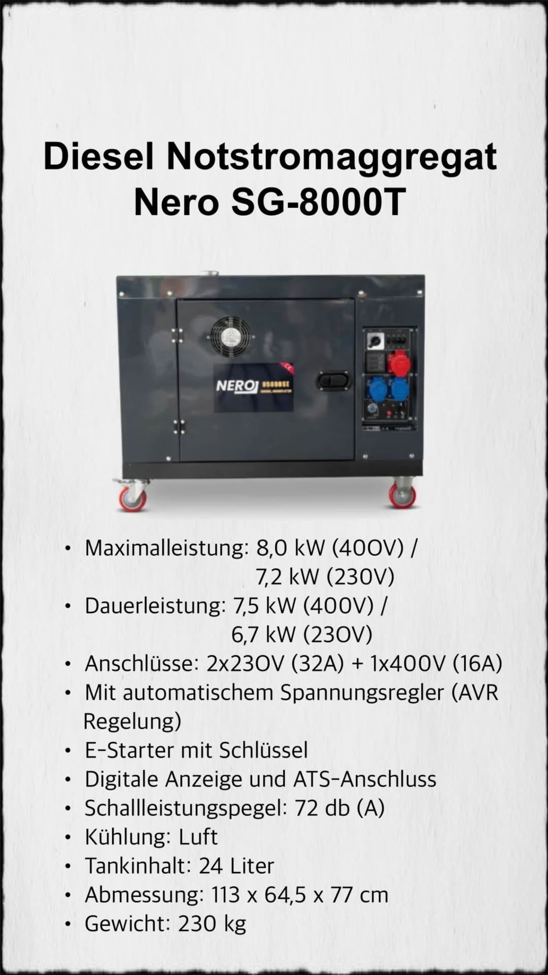 Das Bild zeigt einen schwarzen Nero-Generator mit Spezifikationen: Maximalleistung 8,0 kW (400V) / 7,2 kW (230V), Dauerleistung 7,5 kW (400V) / 6,7 kW (230V). Er hat zwei 230V (32A) und einen 400V (16A) Anschluss, einen automatischen Spannungsregler und einen elektronischen Starter mit Schlüssel.