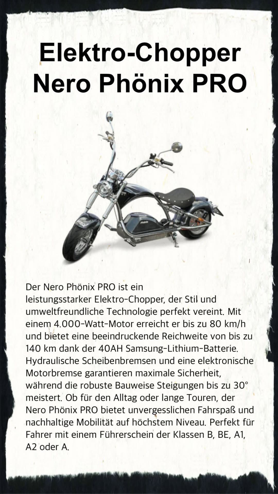Ein schwarzer Elektro-Chopper wird vor weißem Hintergrund gezeigt. Er hat ein schlankes Design mit Chrom-Akzenten, einen großen Scheinwerfer und einen geräumigen Sitz. Der Text beschreibt ihn als leistungsstarken und umweltfreundlichen Elektro-Chopper.