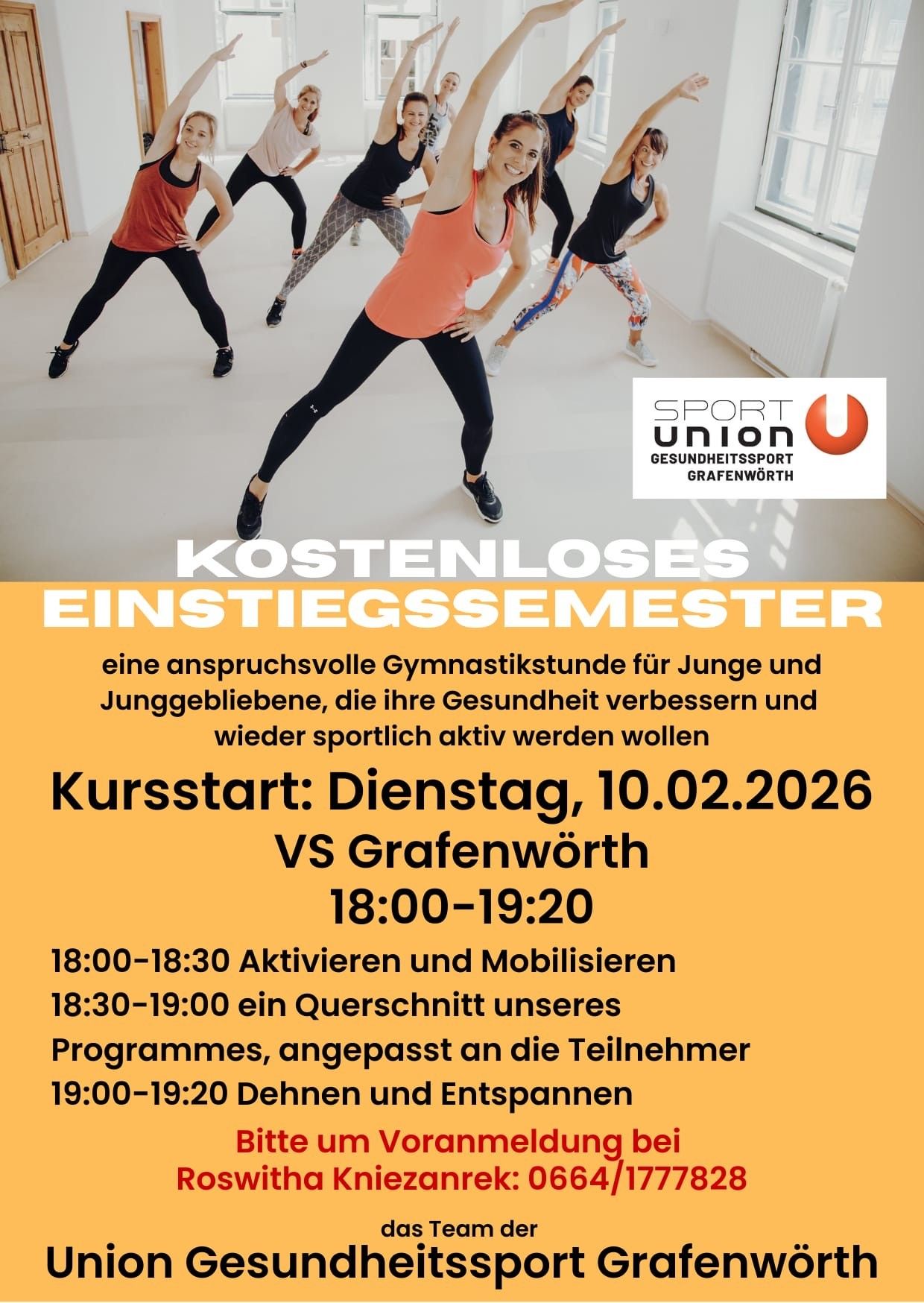 Ein Poster bewirbt ein kostenloses Einstiegssemester für einen Gymnastikkurs, der sich an junge Menschen richtet, die ihre Gesundheit verbessern und aktiver werden möchten. Der Kurs beginnt am Dienstag, den 10.02.2026, in VS Grafenwörth. Er läuft von 18:00-19:20 Uhr.