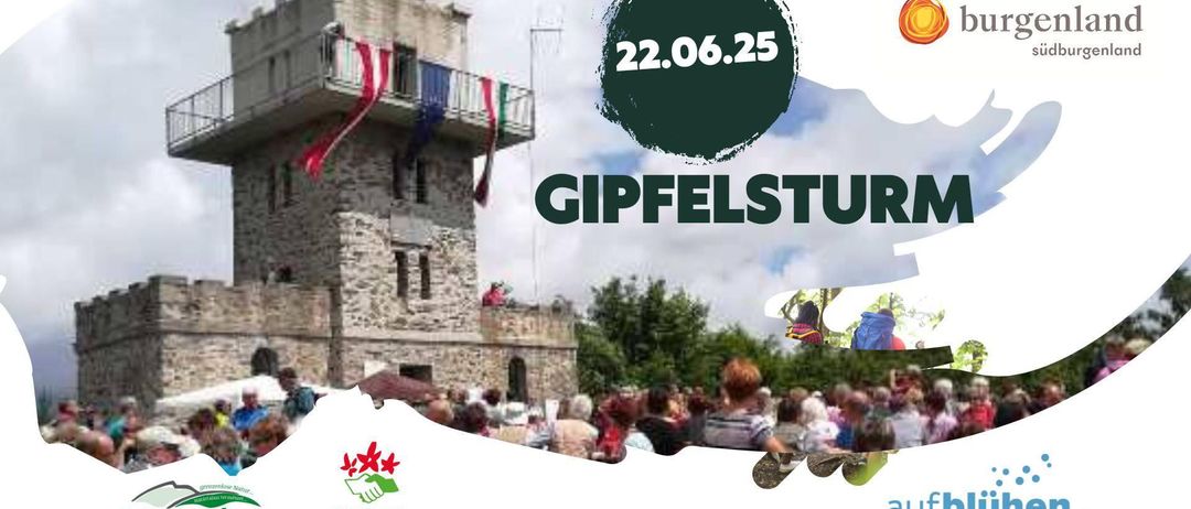 Plakat für die GIPFELSTURM-Veranstaltung am 22. Juni 2025 mit einem burgartigen Gebäude, Fahnen, einer Sonne und einer Menschenmenge im Vordergrund.