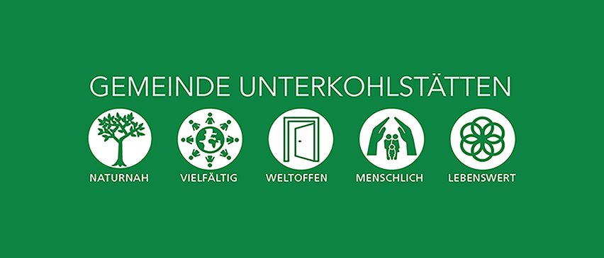 Ein grüner Banner mit drei Symbolen und dem Text 'NDE UNTERKOHLSTA'. Die Symbole sind eine Gruppe von Menschen, eine offene Tür und Hände, die eine Familie halten. Unter den Symbolen stehen die Wörter 'VIELFÄLTIG', 'WELTOFEN' und 'MENSCHLICH'.
