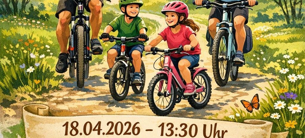 Eine vierköpfige Familie radelt auf einem Pfad. Der Vater trägt ein rotes Shirt, die Mutter ein blaues Shirt und die Kinder grüne und rosa Shirts. Das Bild zeigt auch einen Schmetterling und Blumen.