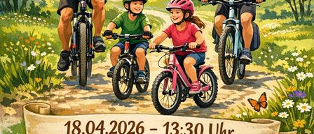 Eine vierköpfige Familie radelt auf einem Pfad. Der Vater trägt ein rotes Shirt, die Mutter ein blaues Shirt und die Kinder grüne und rosa Shirts. Das Bild zeigt auch einen Schmetterling und Blumen.