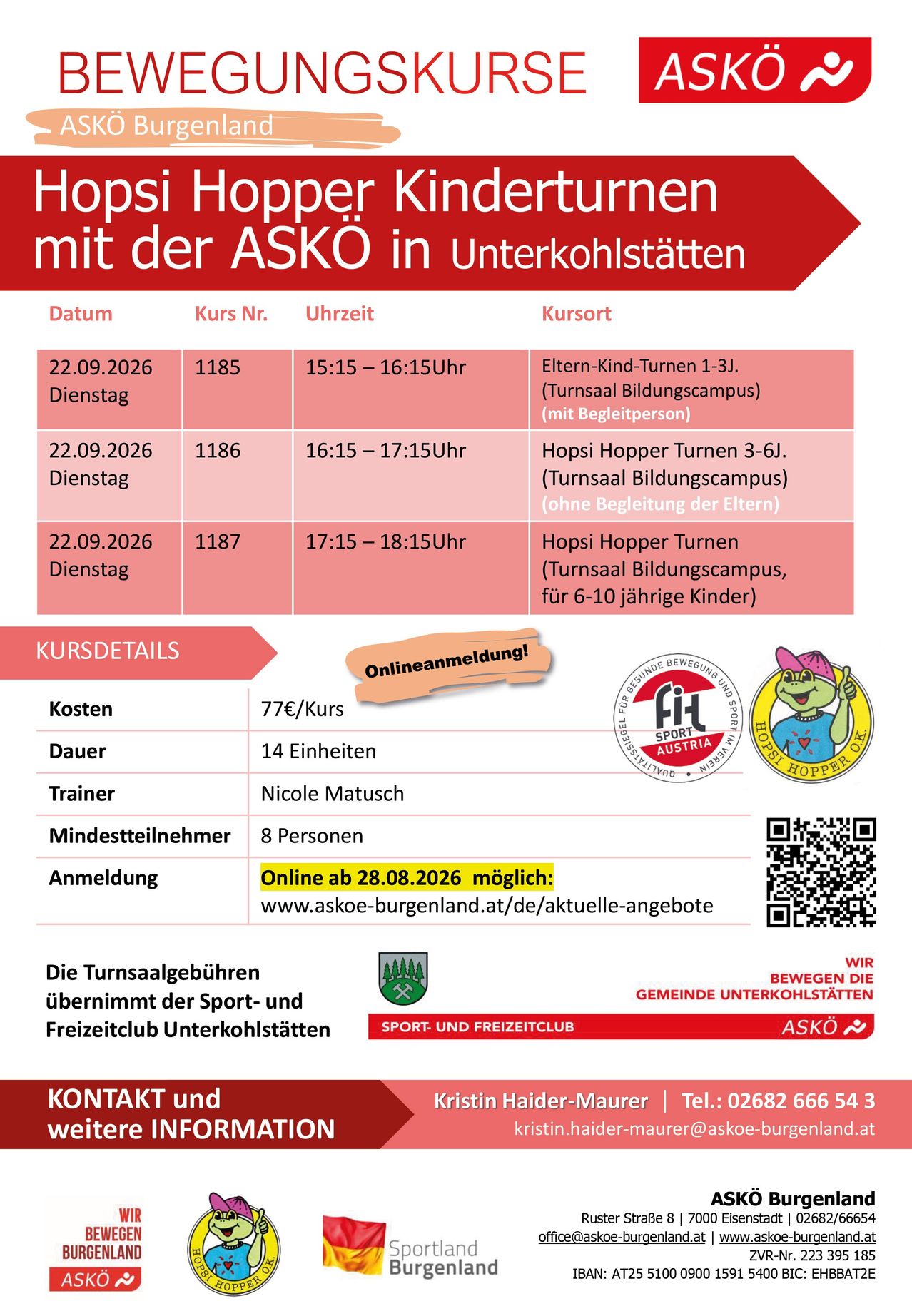 Ein Flyer für Sportaktivitäten im Turnsaal Bildungscampus, Unterkohlstätten, mit drei Terminen am 22.09.2026 für verschiedene Altersgruppen, einschließlich Dauer, Kosten und Trainern.