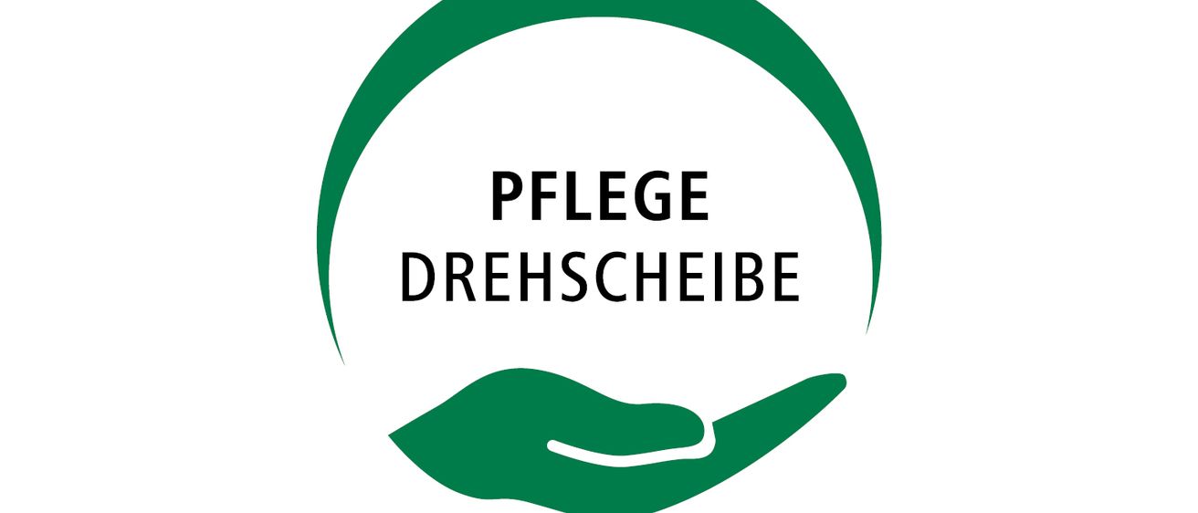 Kreisförmiges Logo für Pflege Drehscheibe mit einer grünen Hand und Text. Unten ein weißer Hintergrund mit der Phrase 'Amtssachverständige der Pflege informieren über alle Fragen rund um Pflege und Betreuung' und dem Logo von 'Das Land Steiermark'.