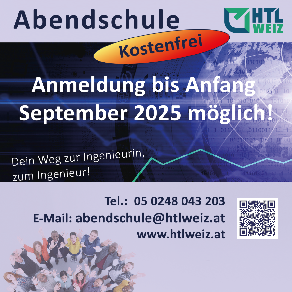 Plakat für Abendschule mit kostenlosem Unterricht. Anmeldung bis Anfang September 2025 möglich. Kontaktinformationen und ein QR-Code für den Zugriff auf die Website werden bereitgestellt.