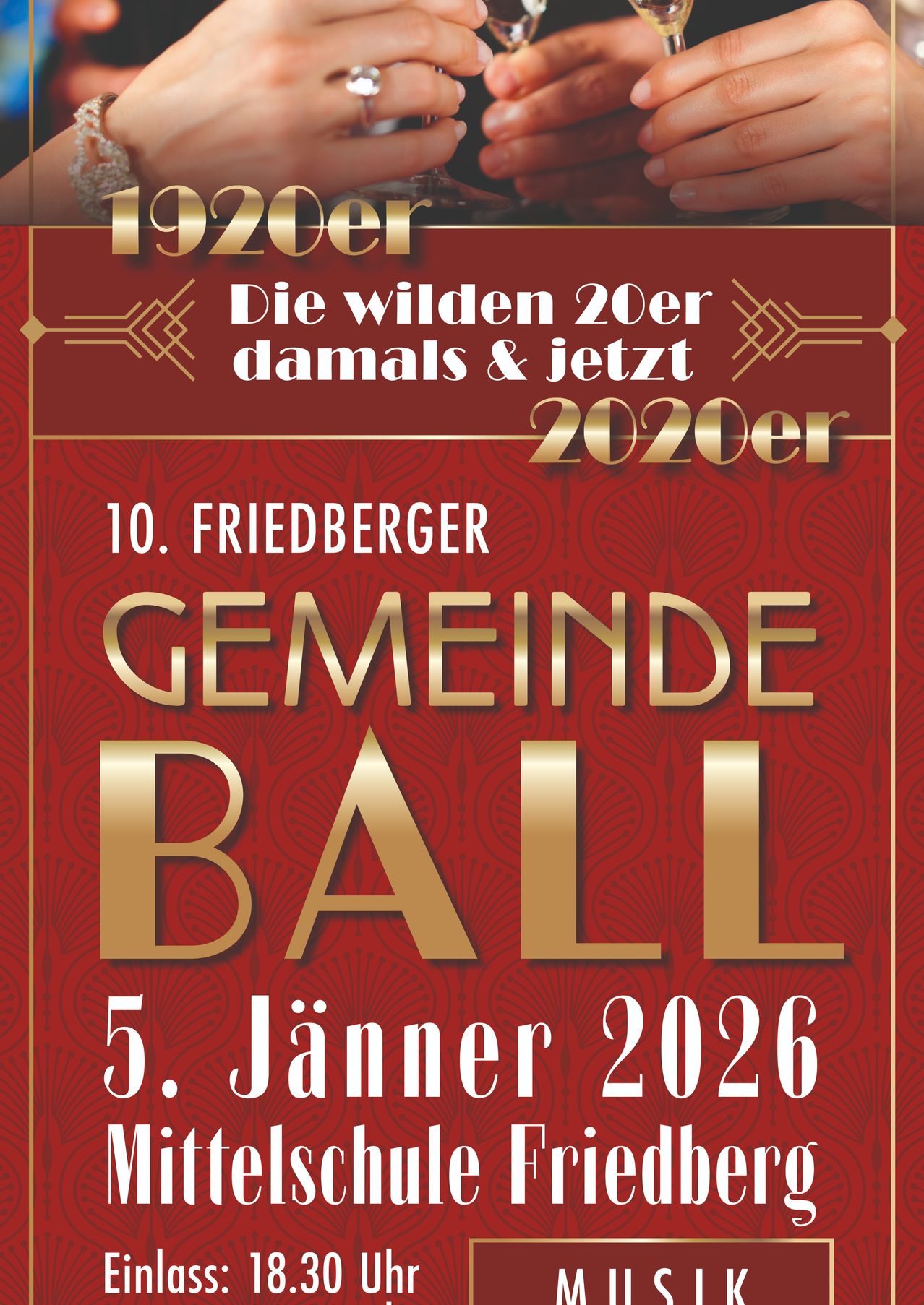 Plakat für den 10. Friedberger Gemeindeball am 5. Januar 2026, zum Thema wilde Zwanziger, mit rotem und goldenem Farbschema.