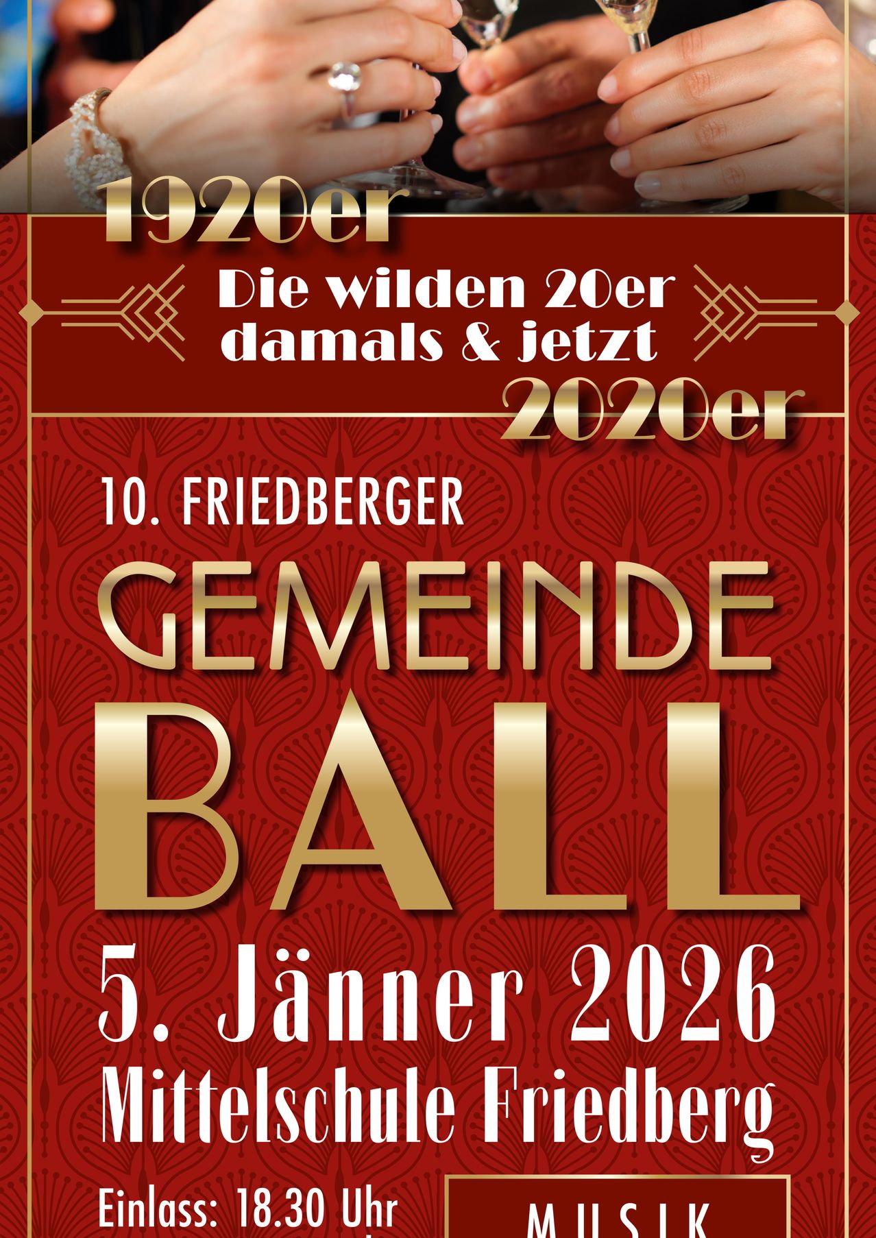 Ein Plakat bewirbt einen 'Gemeindeball' am 5. Januar 2026, der die 1920er-Jahre feiert mit dem Slogan 'Die wilden 20er damals & jetzt.' Die Veranstaltung findet in der 10. Friedberger Gemeinde statt.