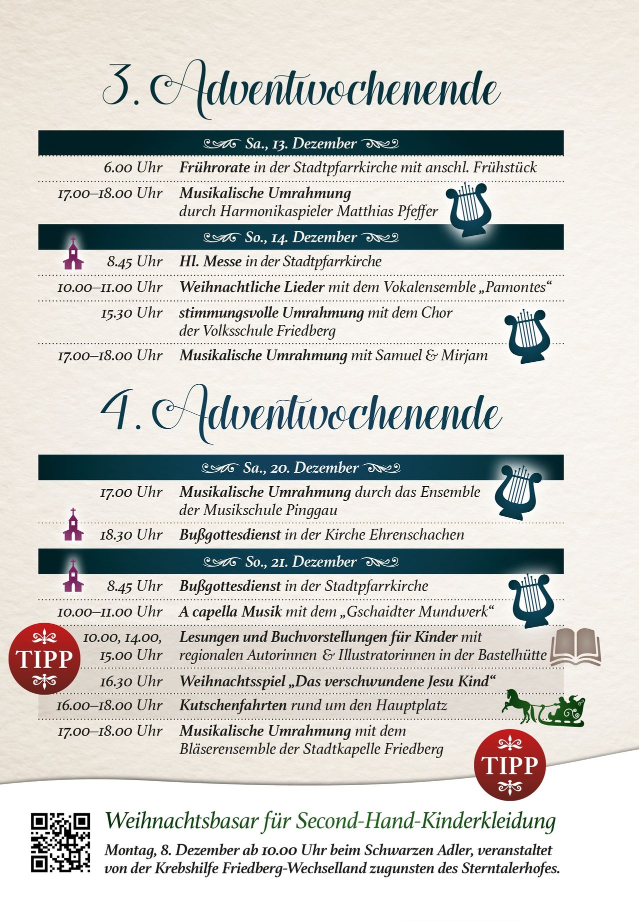 Das Bild zeigt einen Zeitplan für Veranstaltungen im Dezember. Es enthält Zeiten für einen Chor, musikalische Aufführungen und Weihnachtslesungen. Es wird auch ein Weihnachtsspiel und ein Fest erwähnt. Der Zeitplan gilt für verschiedene Termine, einschließlich des ersten Sonntags im Dezember.