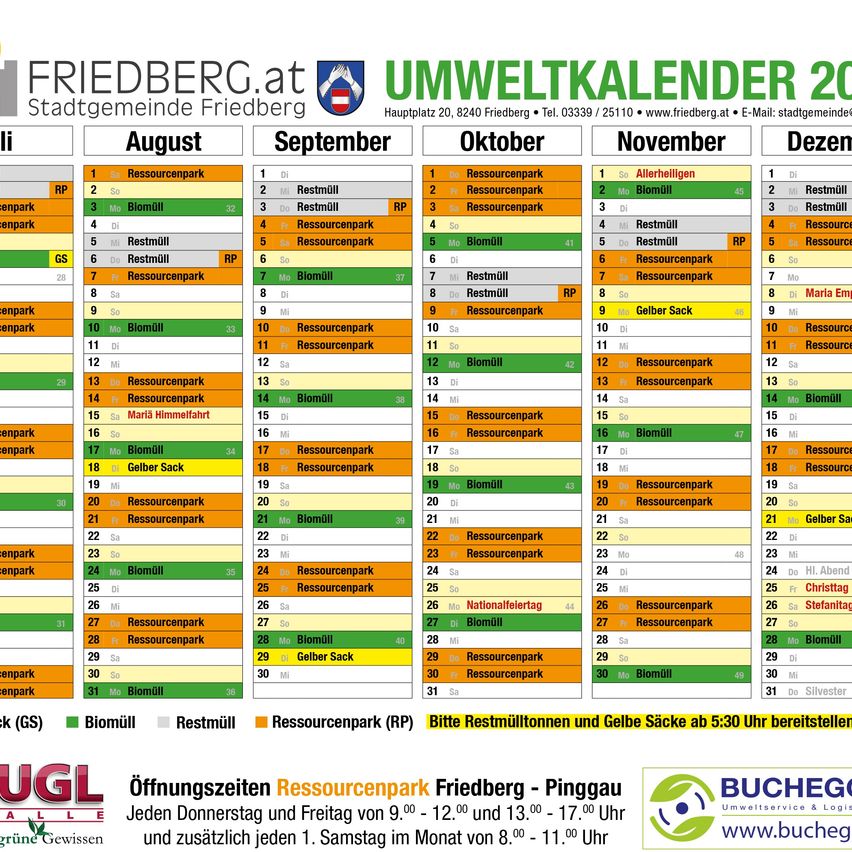 Monatlicher Umweltkalender für Friedberg mit Terminen für Ressourcenparks, Restmuell und Biomuell von August bis Dezember. Öffnungszeiten donnerstags und freitags.