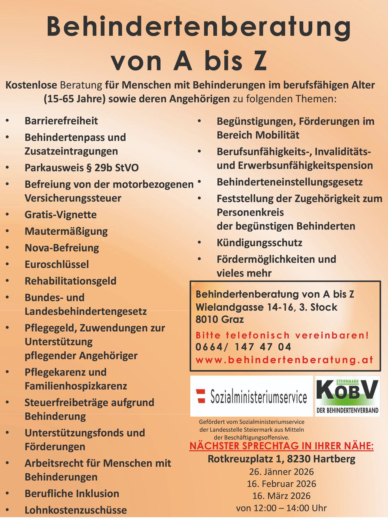 Das Poster bietet kostenlose Beratung für Menschen mit Behinderungen im erwerbsfähigen Alter (15-65 Jahre) und deren Angehörige zu verschiedenen Themen wie Barrierefreiheit, Behindertenparkplätzen und gesetzlichen Schutz. Es informiert auch über Leistungen für Erwerbs- und Berufsunfähigkeit, Familienpflegegeld und Unterstützungsfonds. Kontaktdetails zur Terminvereinbarung sind angegeben.