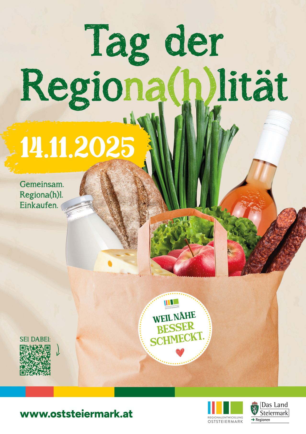 Plakat für eine regionale Marktveranstaltung am 14.11.2025, mit frischem Gemüse, Brot, Käse, Wein und Würsten in einem Papierbeutel mit dem Slogan 'Weil Nahe Besser Schmeckt'.