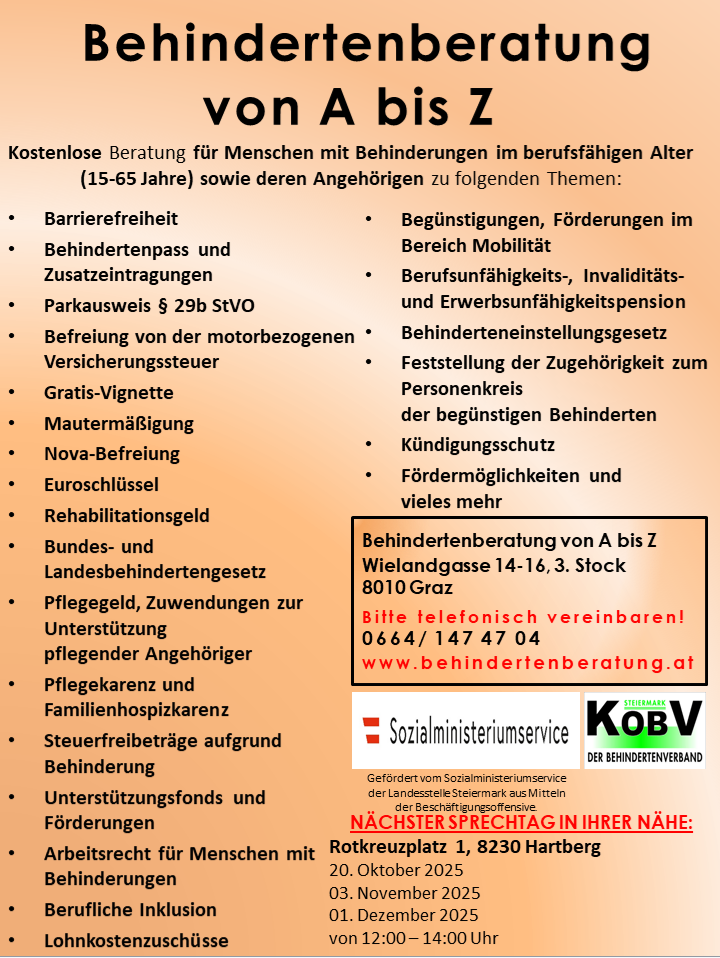 Ein Informationsposter über kostenlose Beratungen für Menschen mit Behinderungen im erwerbsfähigen Alter (15-65 Jahre) und deren Angehörige zu Themen wie Barrierefreiheit, Förderungen und Beschäftigungsunterstützung. Es enthält Kontaktdaten und Adressen für Beratungsdienste.