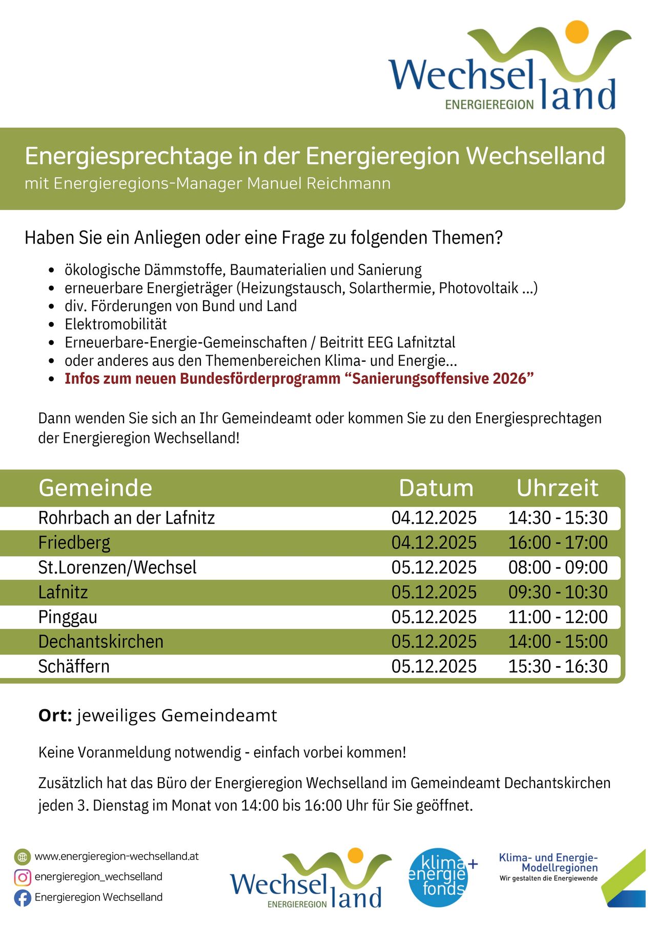 The image is a flyer for energy consultations in Wechselland. Topics include ecological insulation, building materials, renewable energies, and more. Dates and times for consultations are listed for various towns. Appointments are not necessary.