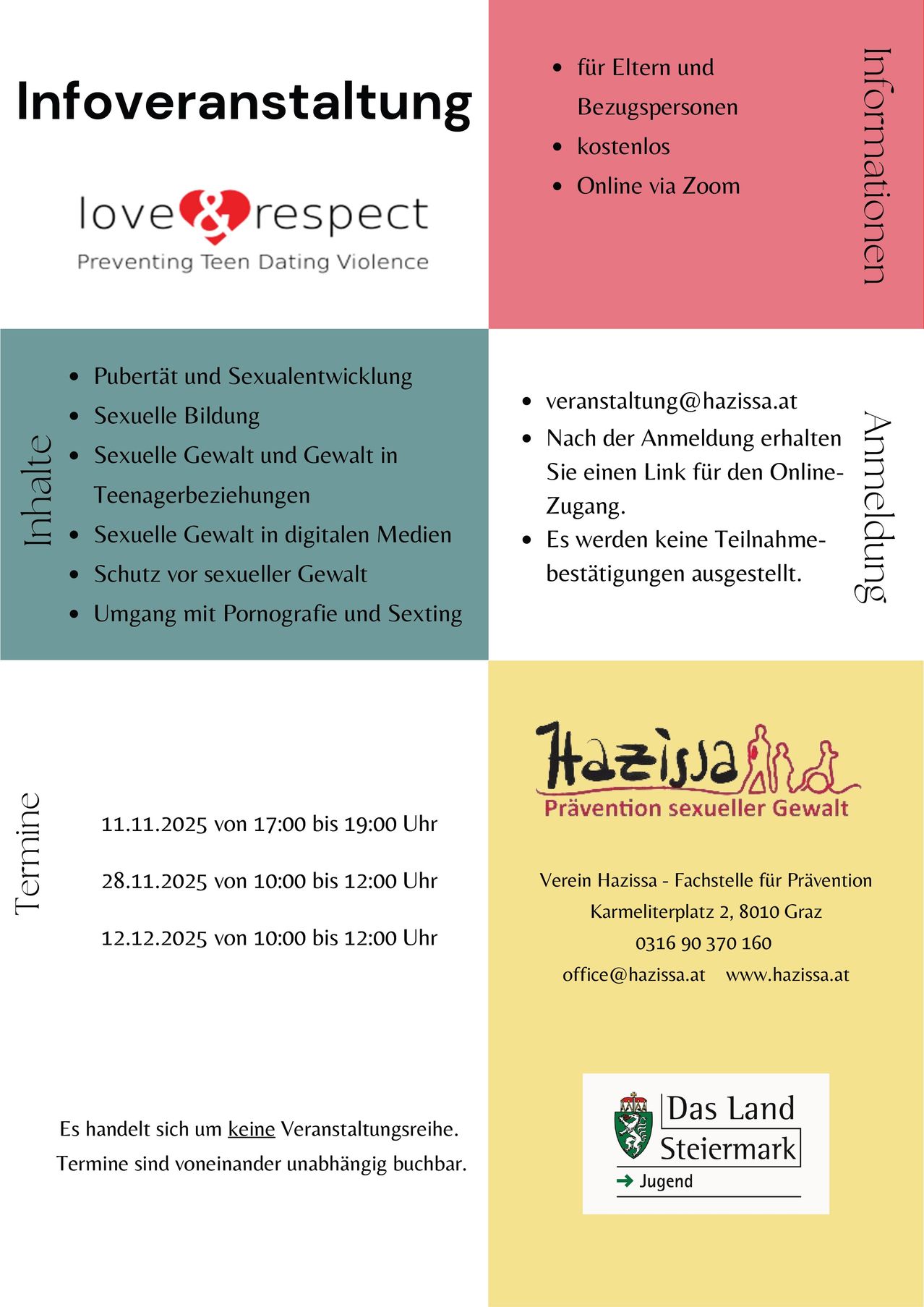 The poster is titled 'love & respect' and focuses on preventing teen dating violence. It lists topics like puberty, sexual development, sexual education, sexual violence, and protection against sexual violence. The contact email is veranstlatung@hazissa.at. The dates and times of events are listed.