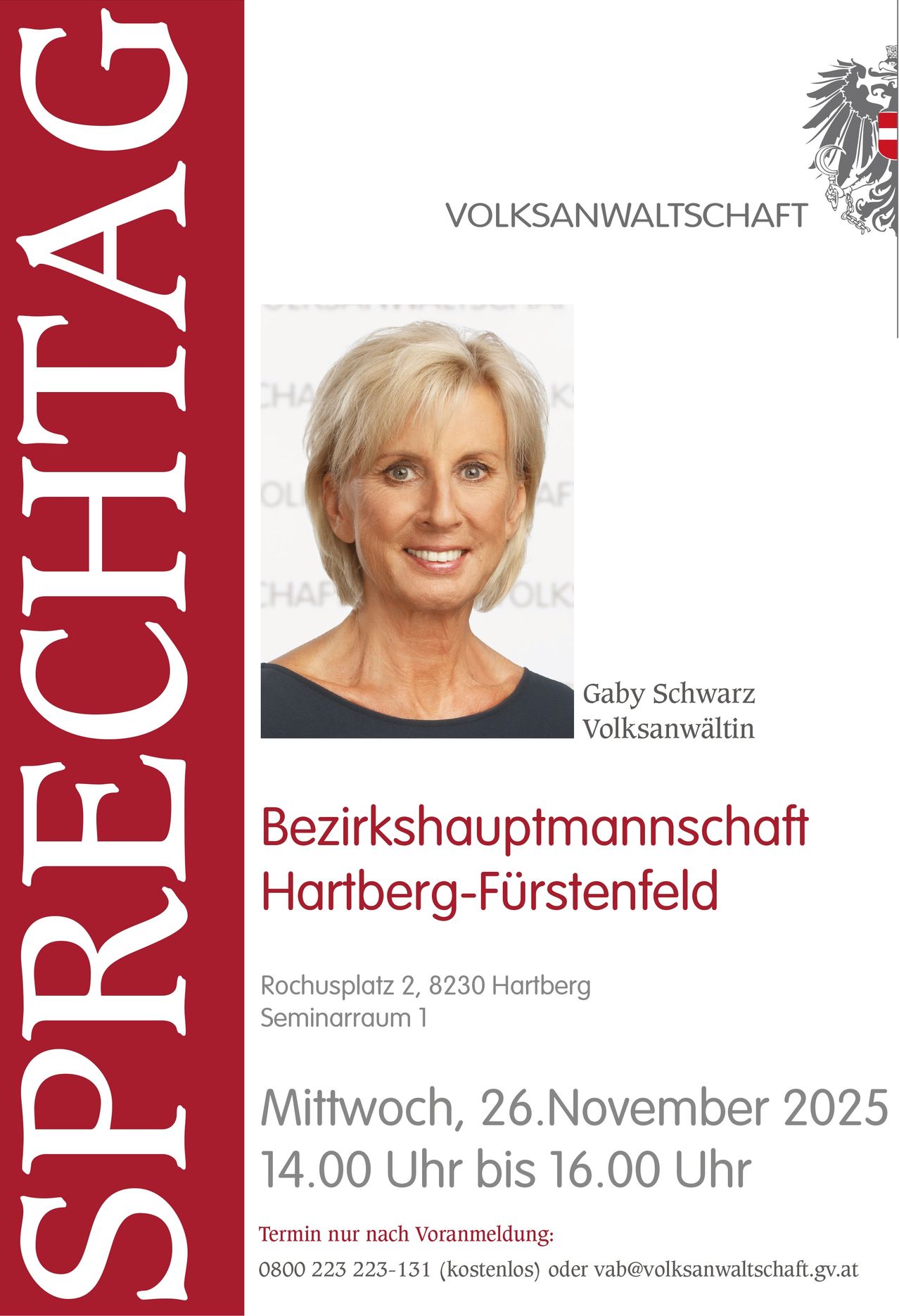 Poster for Gaby Schwarz, District Mayor of Hartberg-Fürstenfeld. She is smiling with short blonde hair. The event is on Wednesday, November 26, 2025.