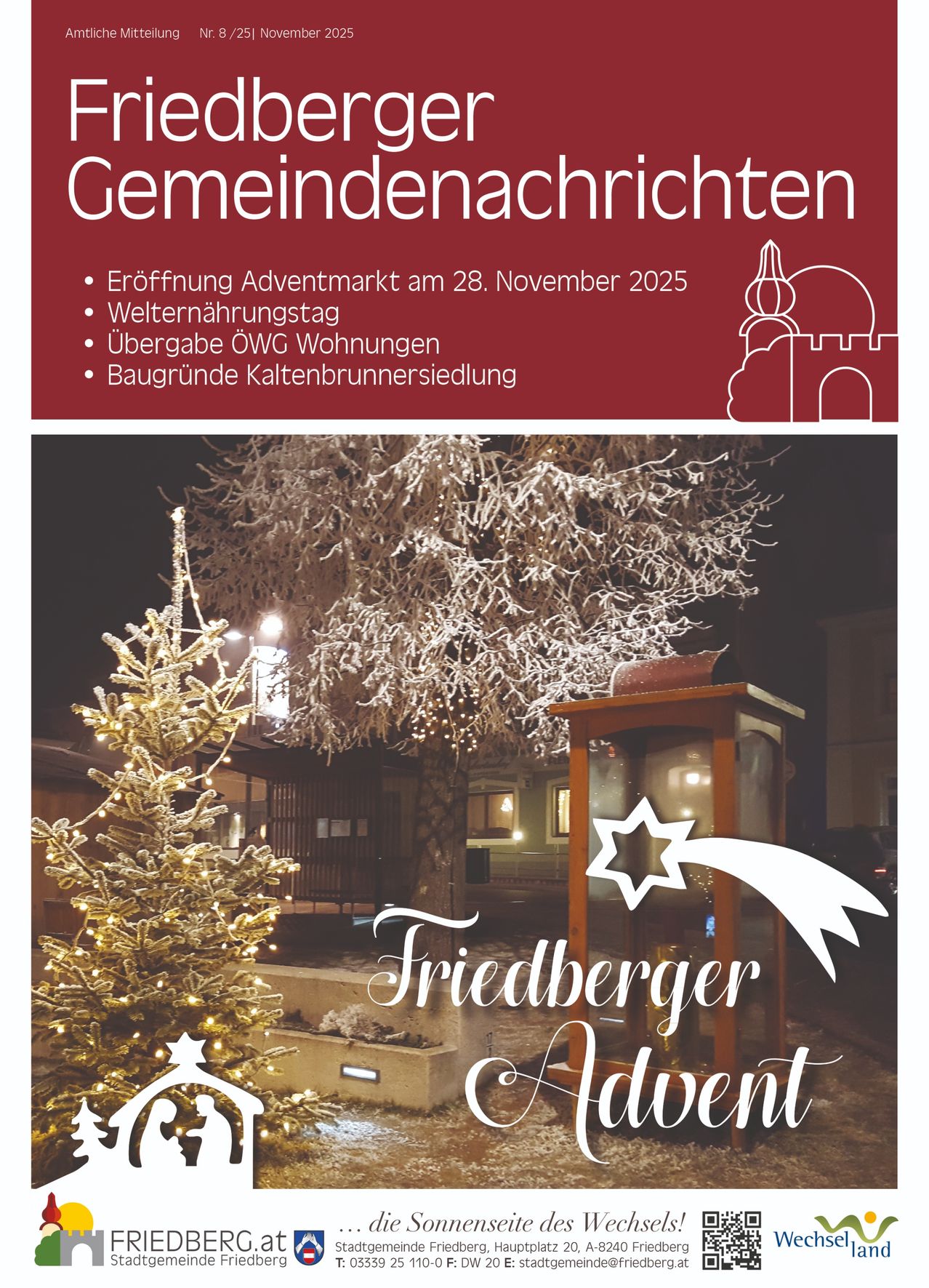 Werbung für Friedberger Advent. Zeigt einen Weihnachtsbaum und einen gut beleuchteten Kirchturm. Der Text hebt die Eröffnung des Adventmarktes am 28. November 2025 hervor.