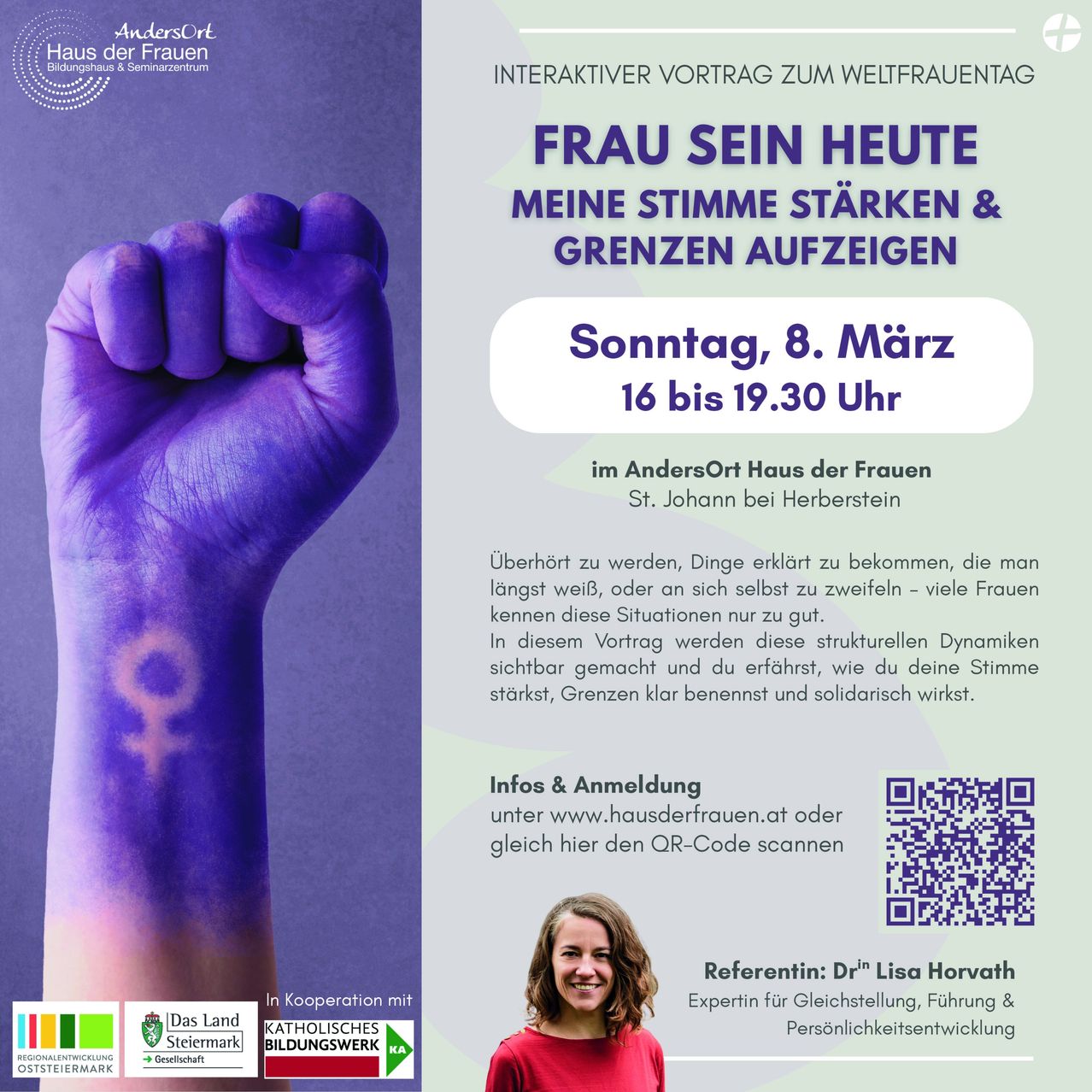 An image of a hand with a purple fist and the number 8 on it. It is a poster for an interactive lecture about being a woman today. The text is in German. The poster also has a QR code and the date, time, and location of the lecture.