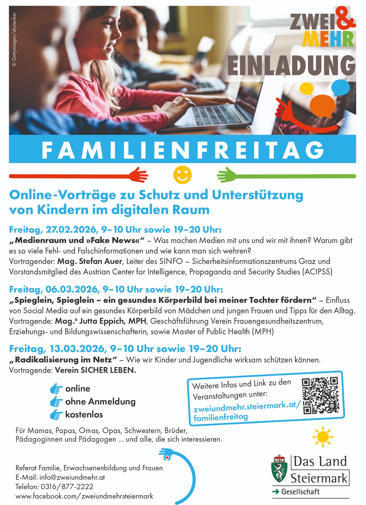 Familientag-Plakat. Online-Vorträge zum Schutz und zur Unterstützung von Kindern im digitalen Raum. Verschiedene Termine und Themen aufgeführt. Keine Anmeldung erforderlich, kostenlos.