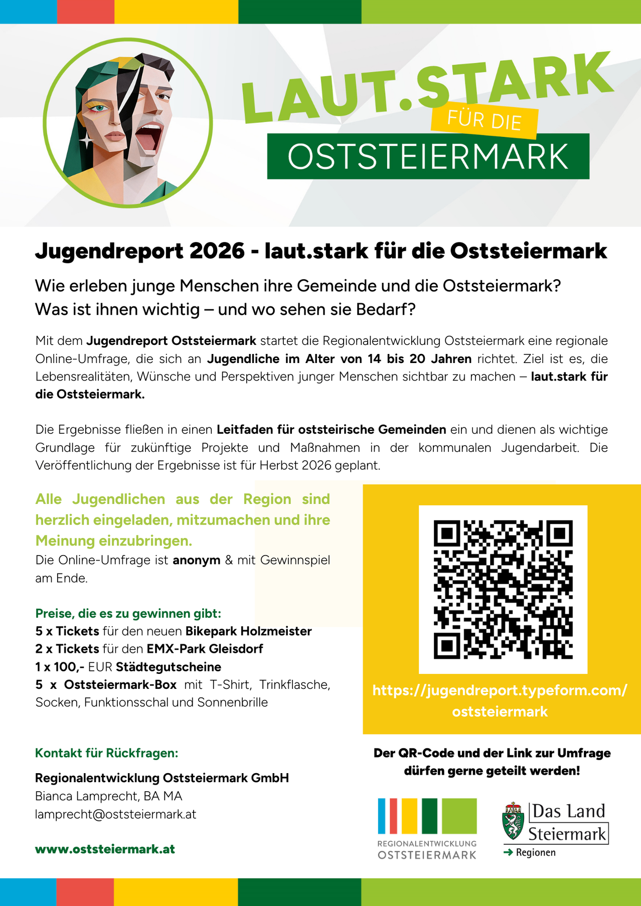 Das Bild zeigt den Jugendbericht 2026 für die Steiermark, der sich auf die Erfahrungen junger Menschen in ihrer Gemeinde und der Steiermark konzentriert. Der Bericht zielt darauf ab, die Lebensrealitäten, Wünsche und Perspektiven junger Menschen sichtbar zu machen. Die Teilnahme ist anonym und umfasst Preise wie Tickets und Gutscheine. QR-Code und Link werden bereitgestellt.