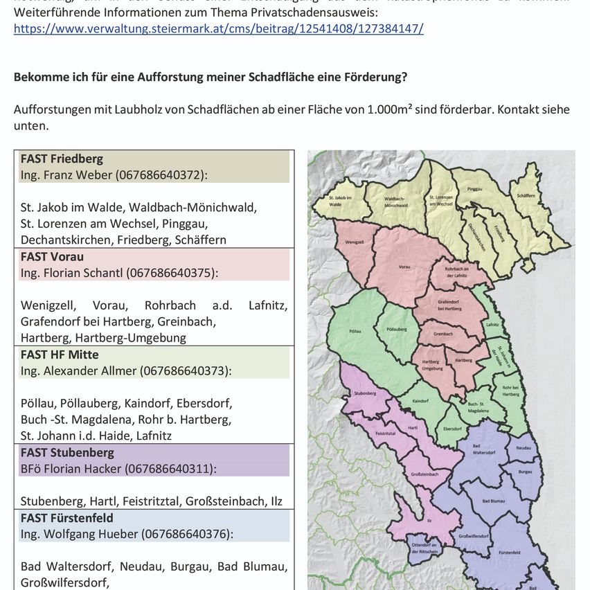 Das Bild enthält Informationen über private Schadensmeldungen. Für Ansprüche über 1.000 m² werden Kontaktdaten angegeben. Es gibt Abschnitte für verschiedene Regionen mit Kontaktinformationen für Vertreter. Eine Karte ist enthalten, um die Standorte zu zeigen.