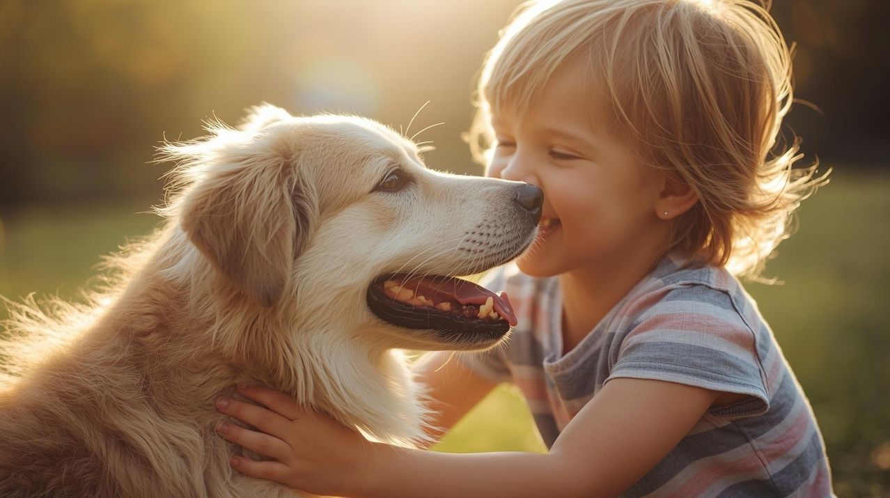 Ein junges Kind, wahrscheinlich ein Junge, spielt mit einem Golden Retriever, umarmt es und lächelt.
