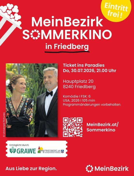 Plakat für MeinBezirk Sommerkino in Friedberg, mit einem Paar in formeller Kleidung, einem QR-Code und Veranstaltungsdetails. Der Eintritt ist frei.