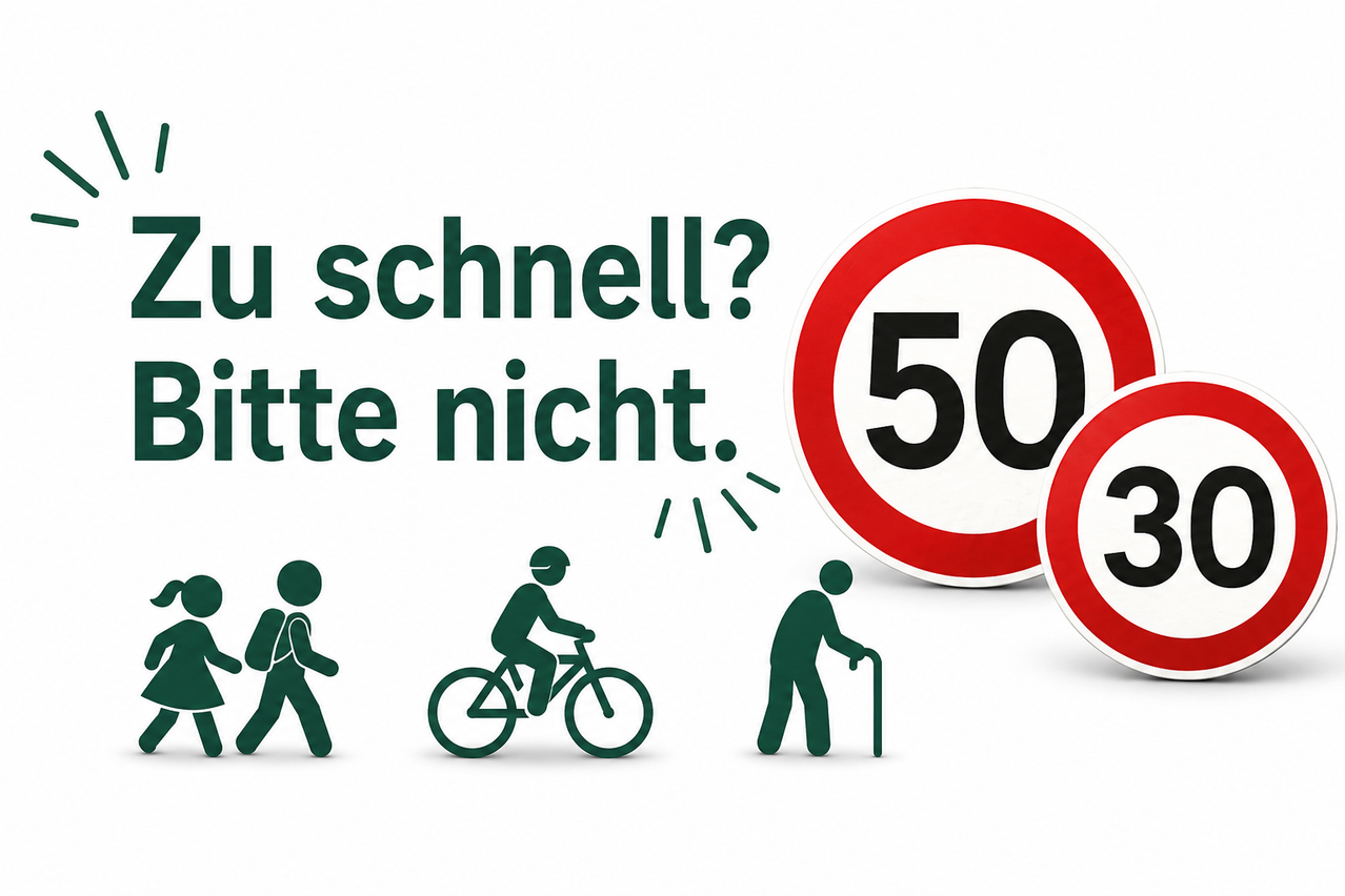 Eine Illustration von Menschen, die gehen und Fahrrad fahren, mit einem Geschwindigkeitsbegrenzungsschild von 50 km/h. Der Text lautet 'Bist du schnell? Nein, nicht.' auf Englisch.
