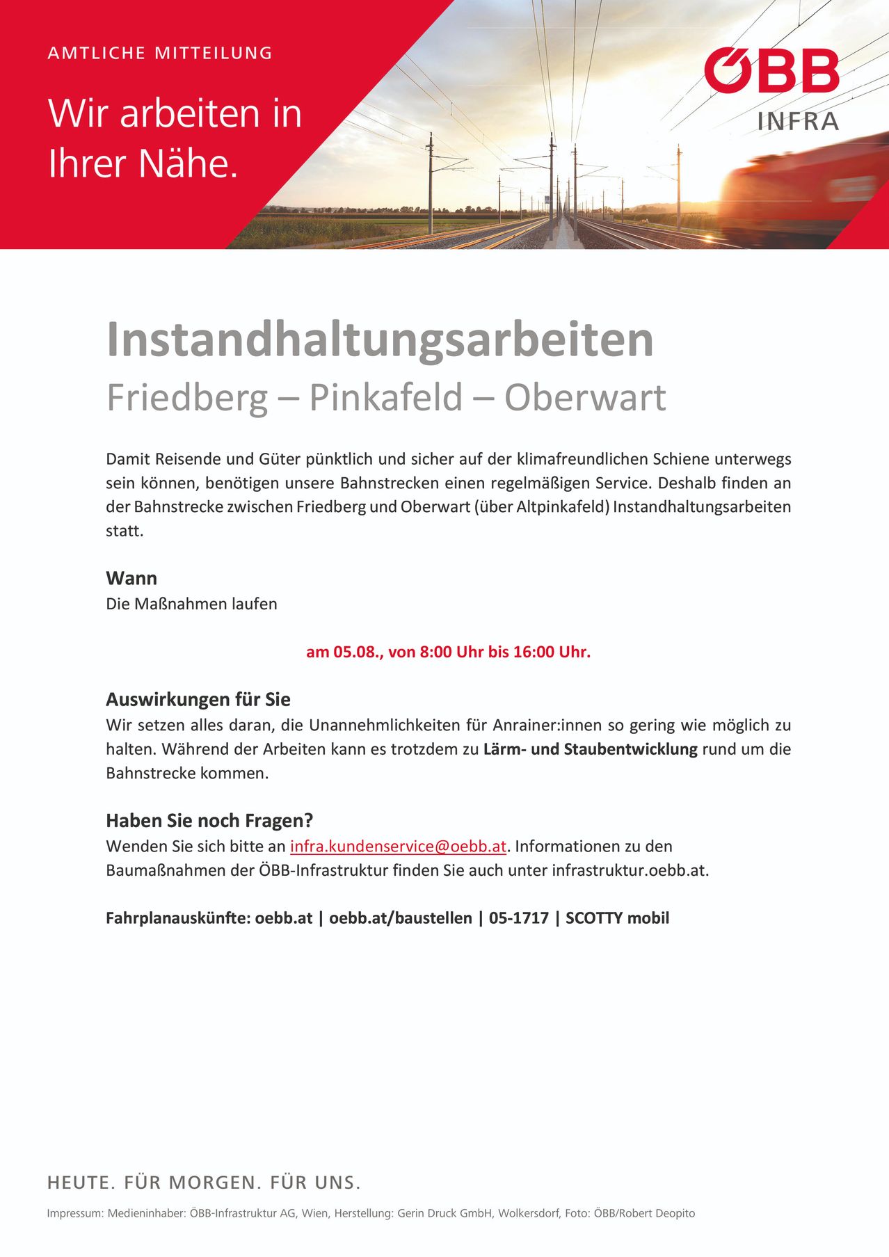 Ein Wartungshinweis für die Bahnstrecke zwischen Friedberg und Oberwart. Es erwähnt Datum und Uhrzeit der Wartungsarbeiten, mögliche Unannehmlichkeiten für Reisende und Kontaktinformationen für Anfragen.