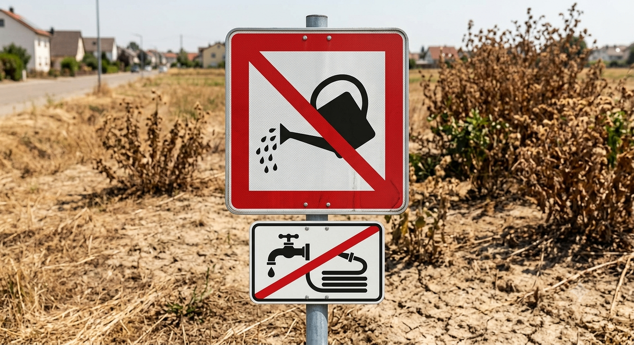 Zwei Schilder an einem Pfosten in einem trockenen Feld, eines verbietet das Gießen und das andere das Waschen.
