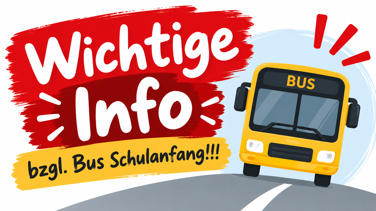 An advertisement for school bus pickup with a yellow bus on the road. The text reads 'Important Info: Bus Pickup!!!' in bold white letters on a red background.