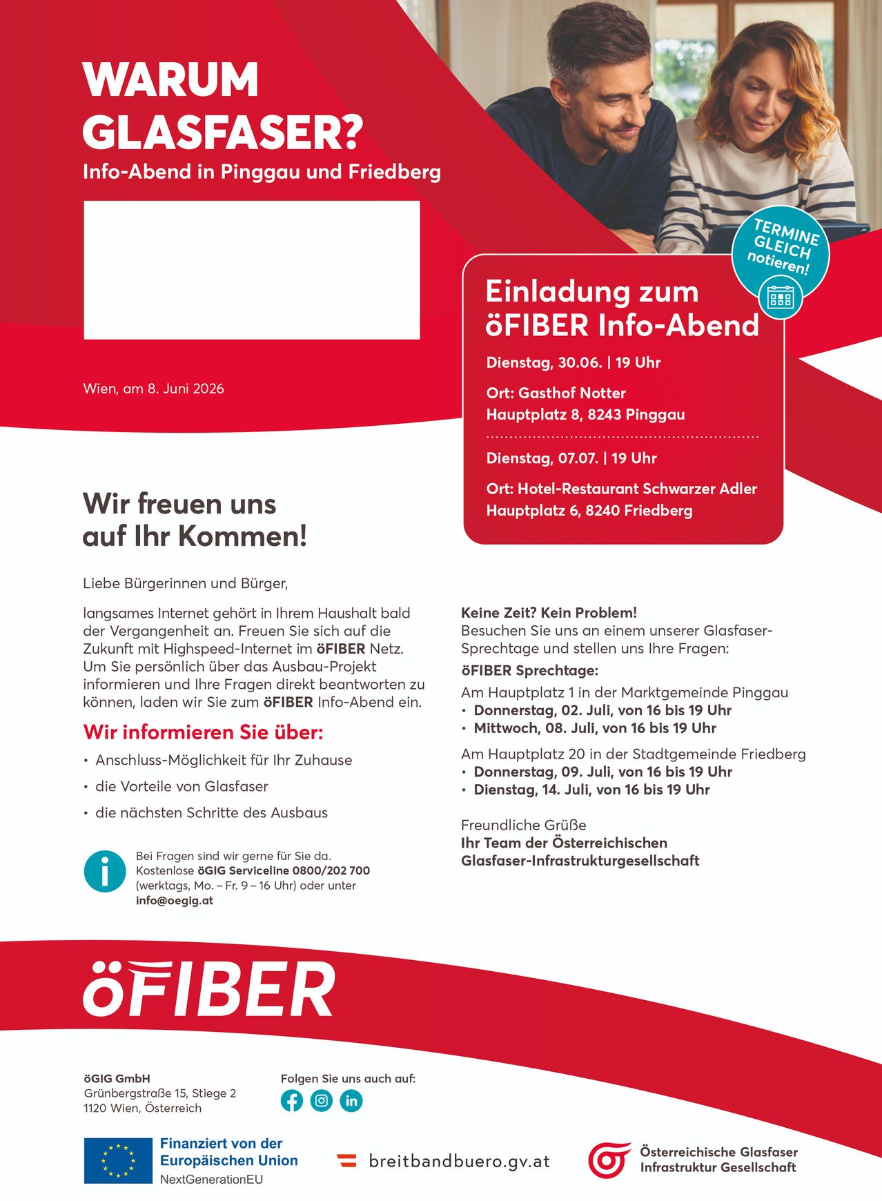 Info-Abend in Pinggau und Friedberg. Einladung zum OFIBER Info-Abend. Termine und Orte angegeben. Kontaktdaten für Anfragen.