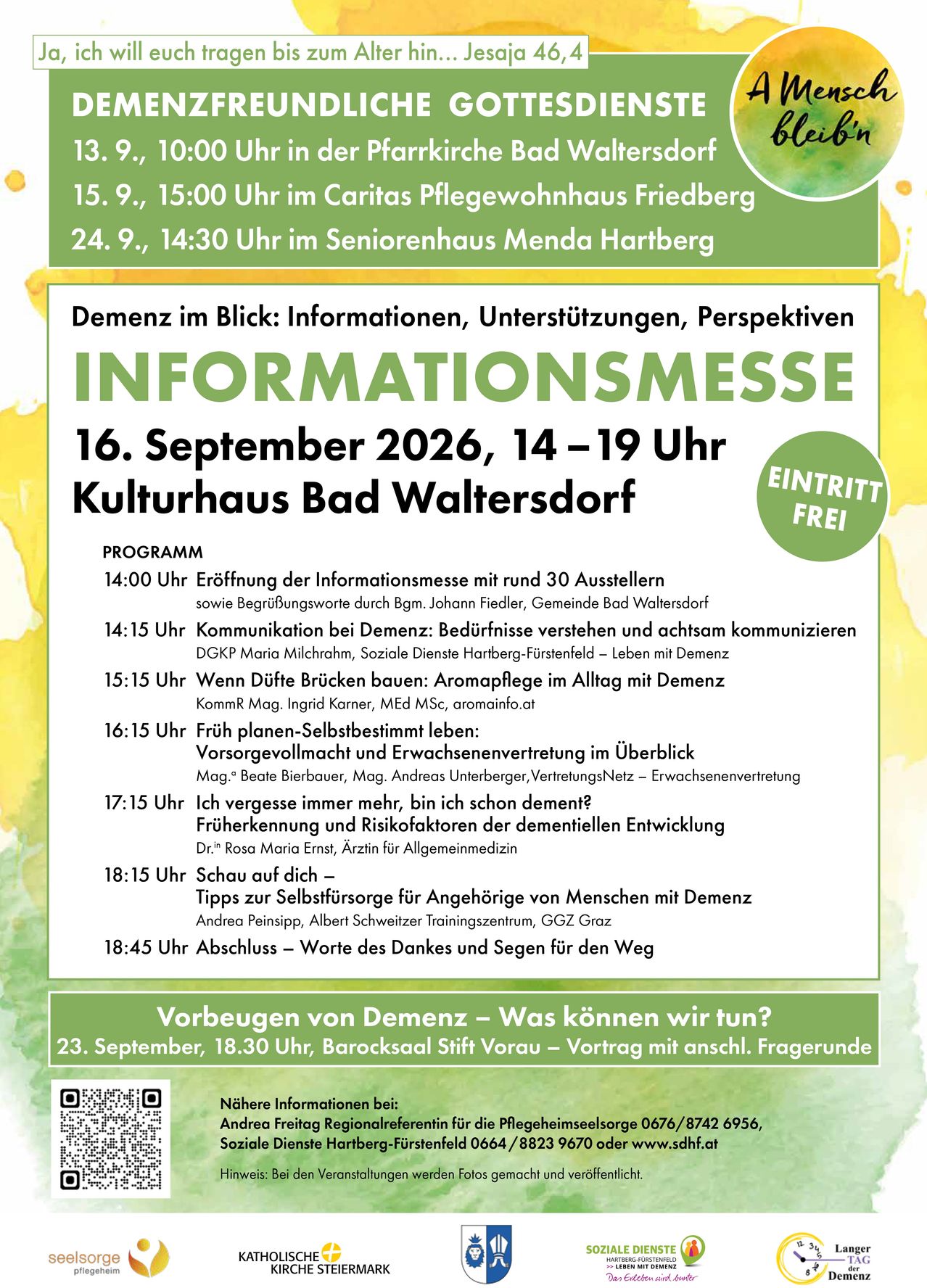 Poster for a free information fair about dementia, including details on communication, care, and prevention. Scheduled for September 16, 2026, from 2 PM to 7 PM at Kulturhaus Bad Waltersdorf.
