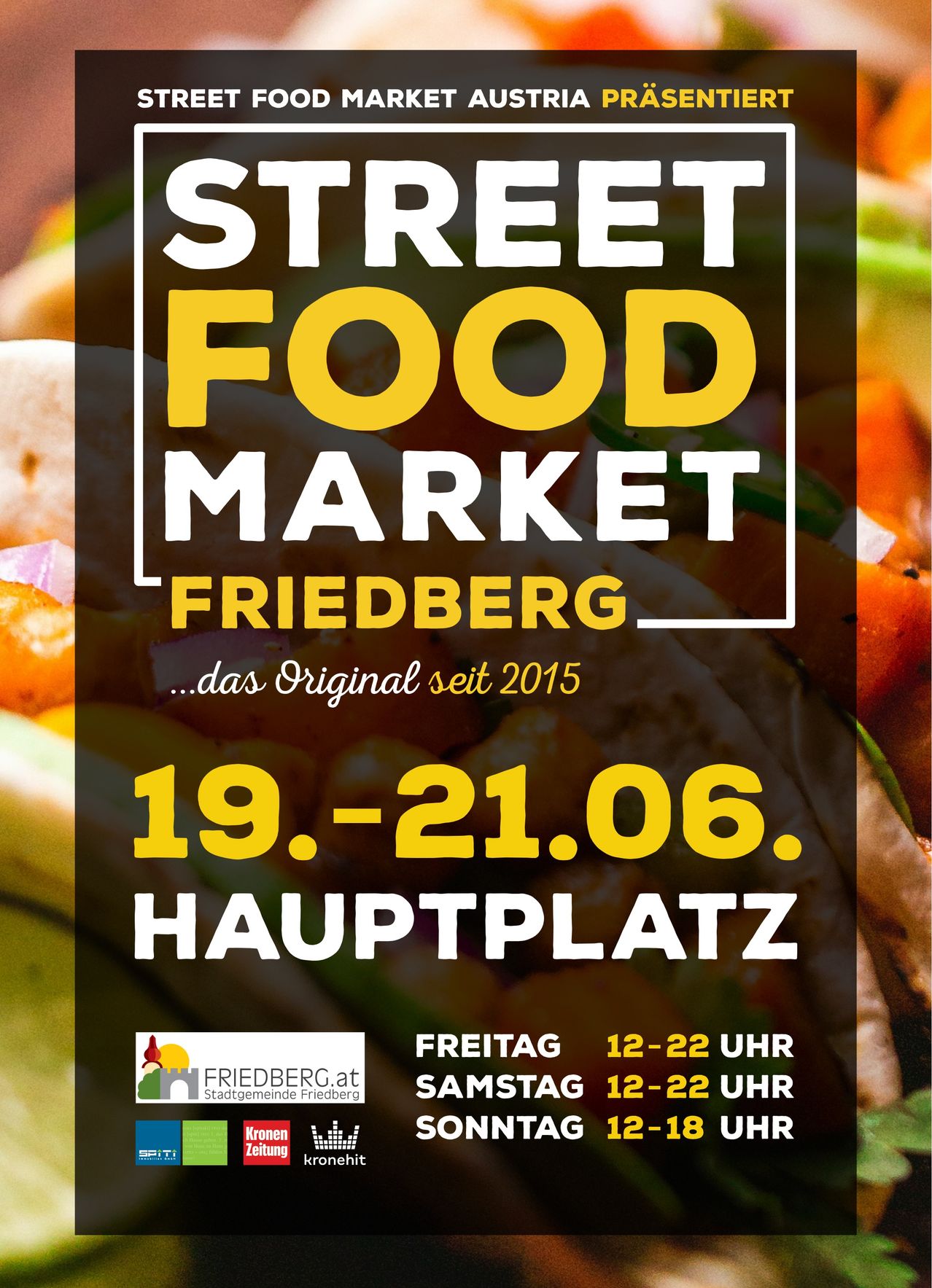 Straßen-Lebensmittelmarkt in Friedberg. 19.-21. Juni. Geöffnet von 12-22 Uhr. Das Original seit 2015.