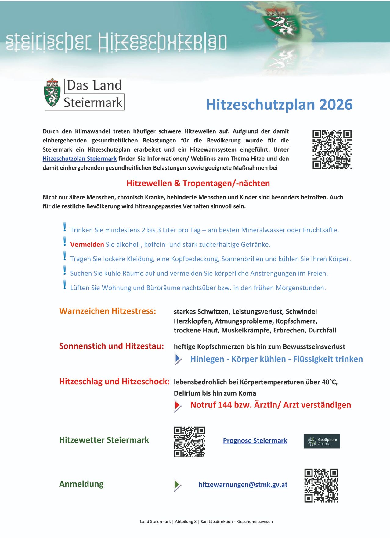 Heat protection plan 2026 for Styria. Information about heat stress signs, heat stroke, and preventive measures. Advice for vulnerable groups like the elderly, disabled, and children. QR code for additional information.